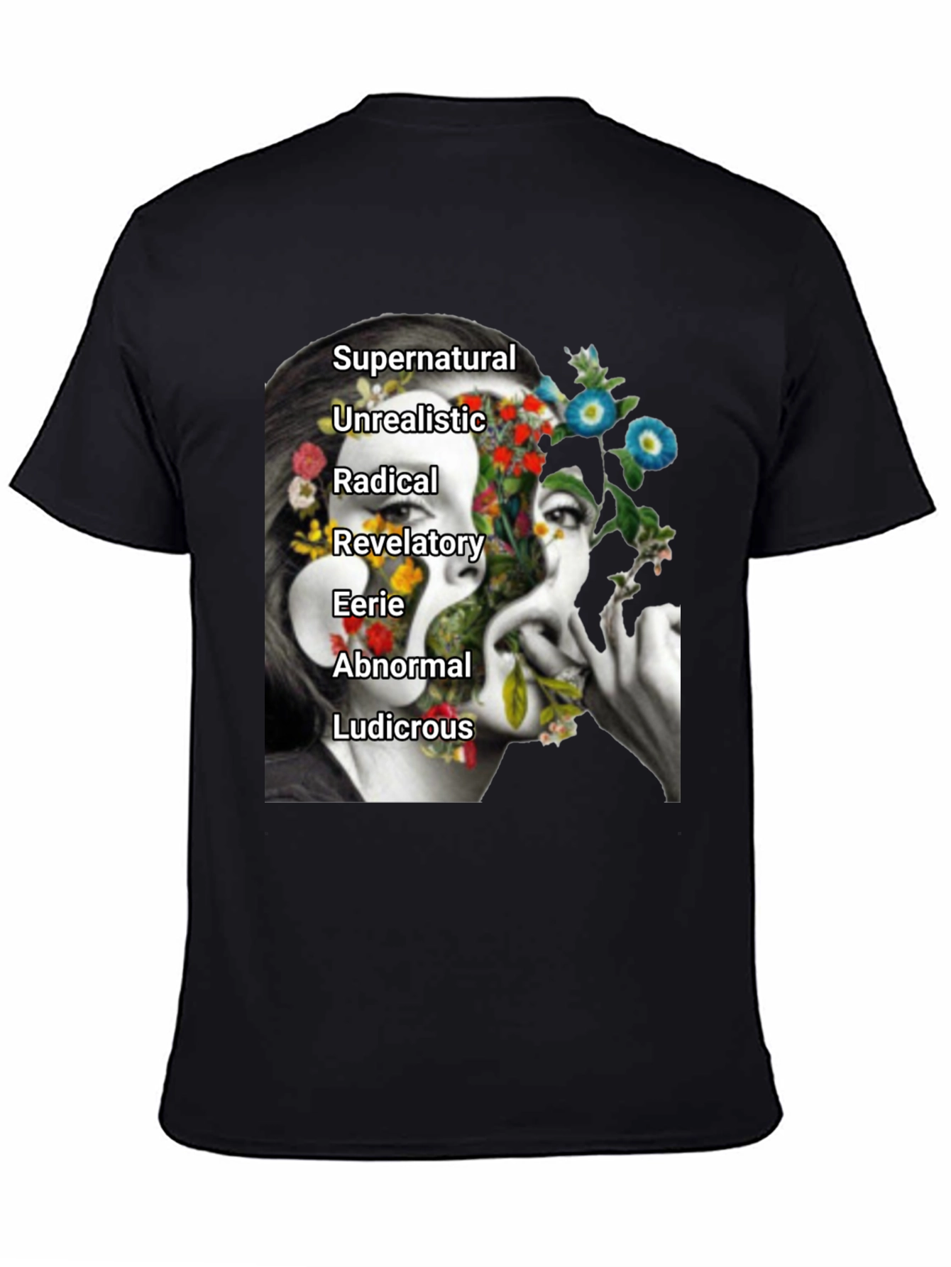 Black Surreal Floral Woman's Face Graphic Tee view 4