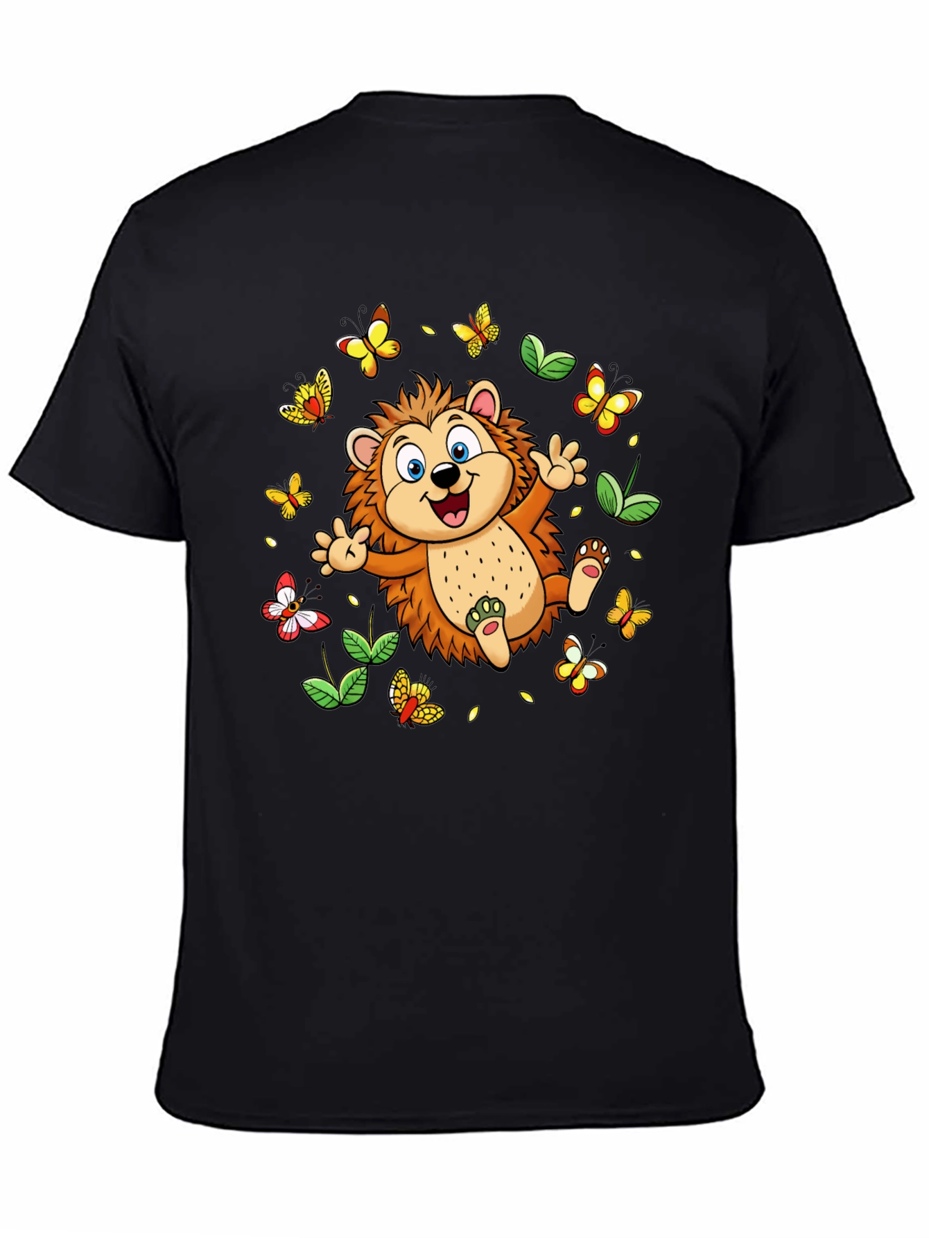 Black Cute Hedgehog & Butterflies Black T-Shirt view 4