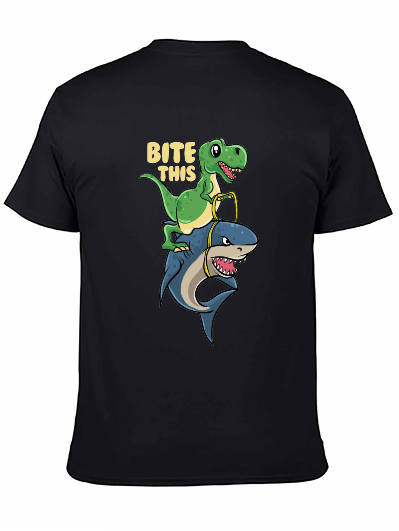 Black Dino Riding Shark T-Shirt - Bite This Funny Graphic Tee view 4