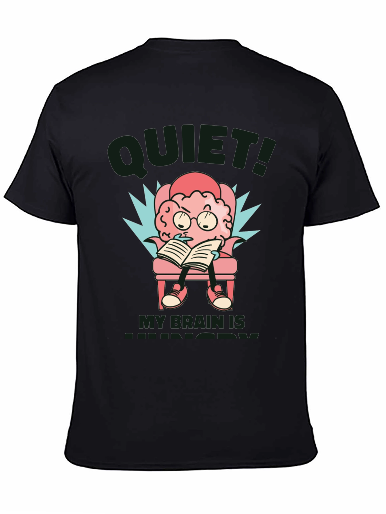 Black Quiet! My Brain is Hungry T-Shirt - Novelty Brain Cartoon Tee view 4