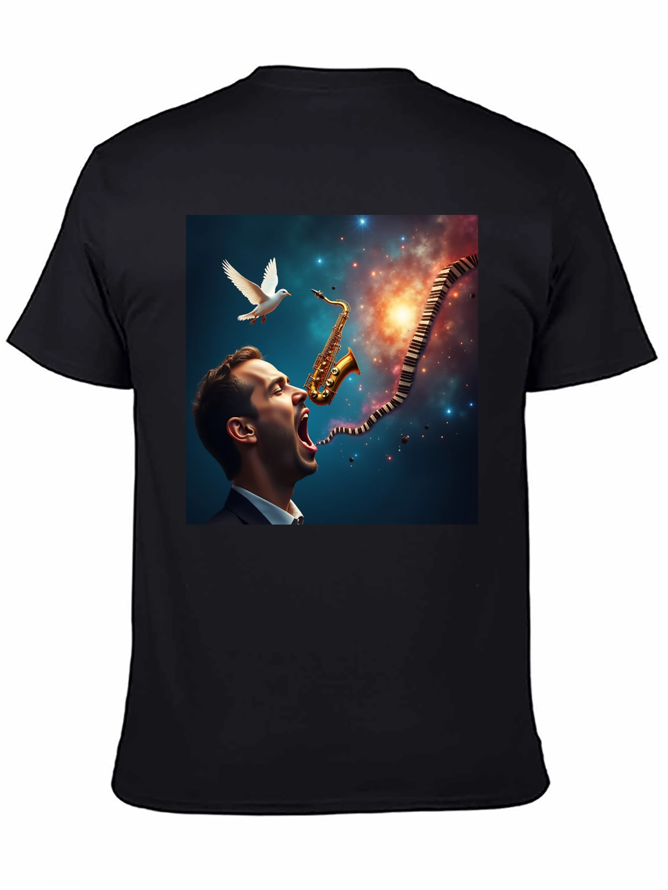 Black Jazz Harmony T-Shirt: Saxophone & Piano Keys Design view 4