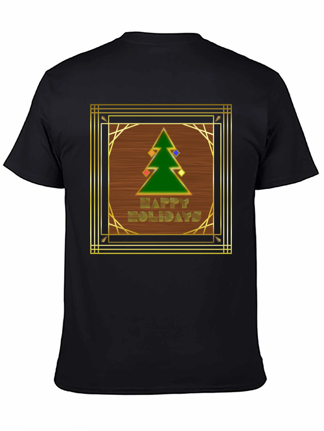 Black Art Deco Holiday T-Shirt - Happy Holidays Tree Design view 4