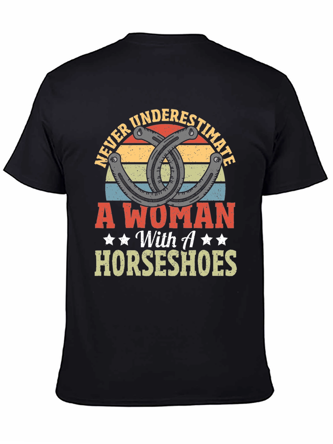 Black Never Underestimate A Woman with Horseshoes Graphic Tee view 4