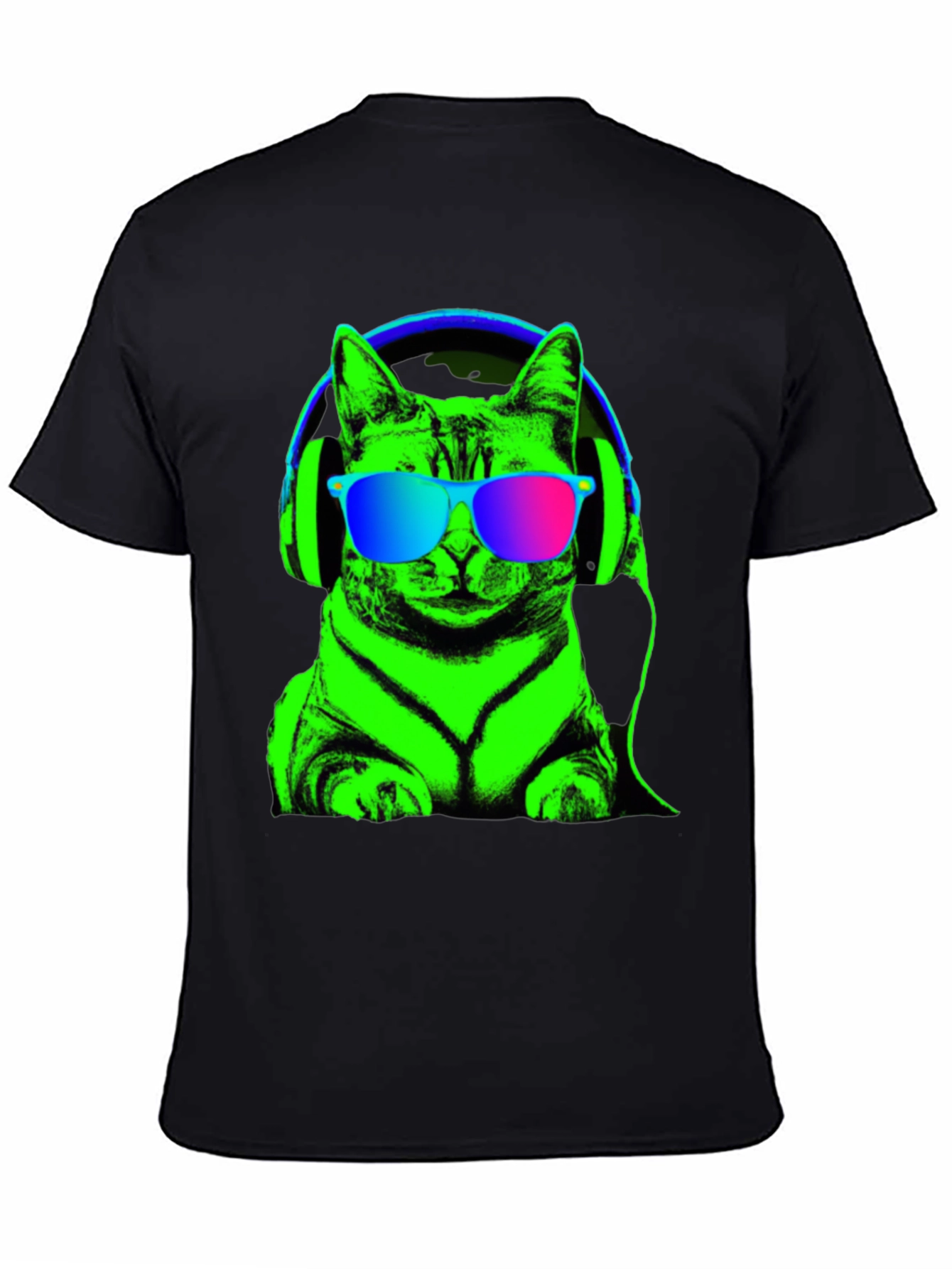 Black Cool Cat Tee: Neon Cat with Headphones T-Shirt view 4