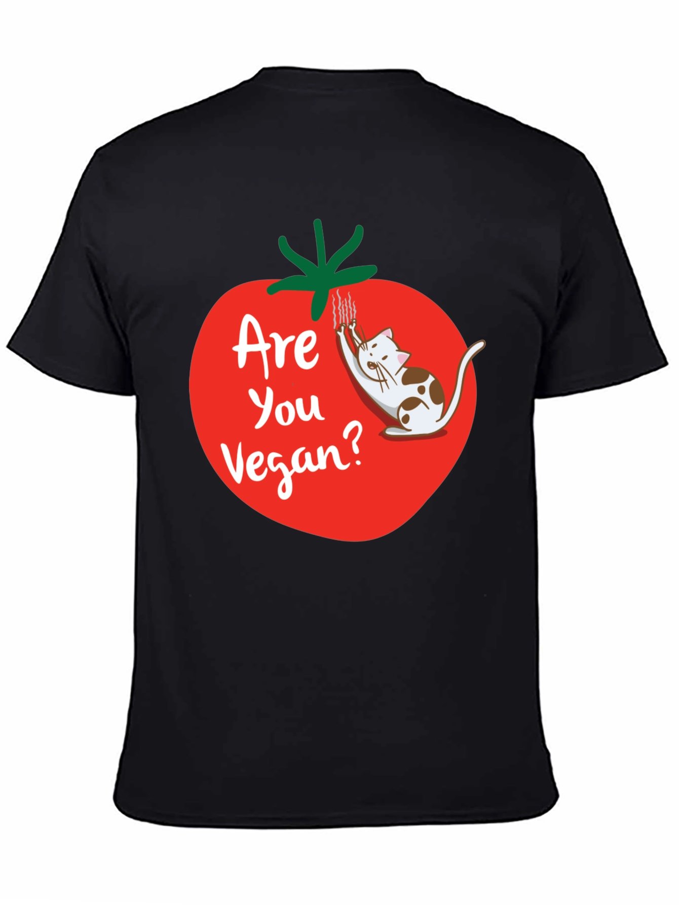 Black Funny Vegan T-Shirt - Cat and Tomato Design view 4