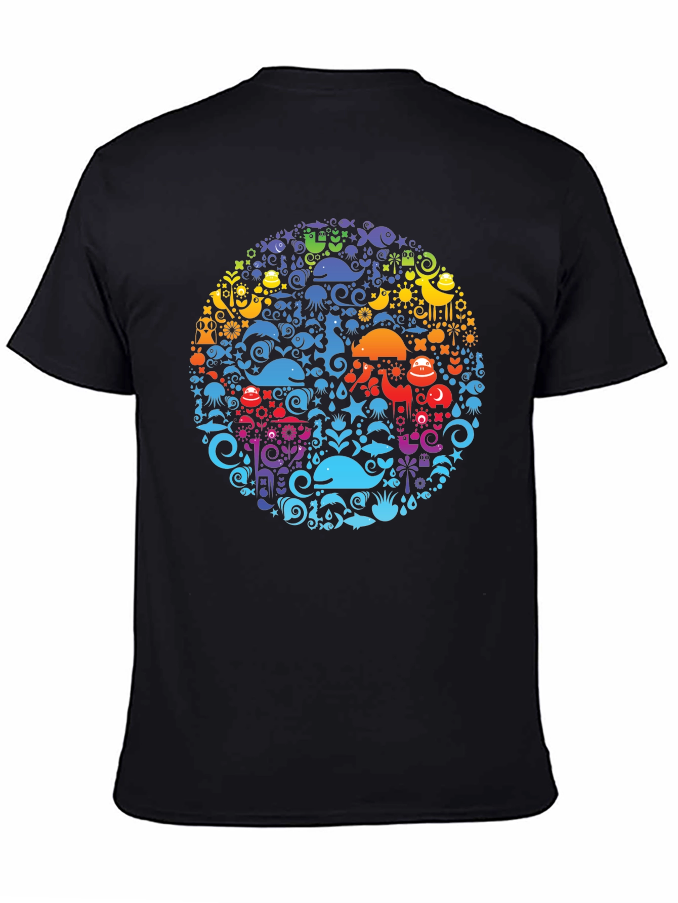 Black Tee with Colorful Aquatic Circle Design - 4