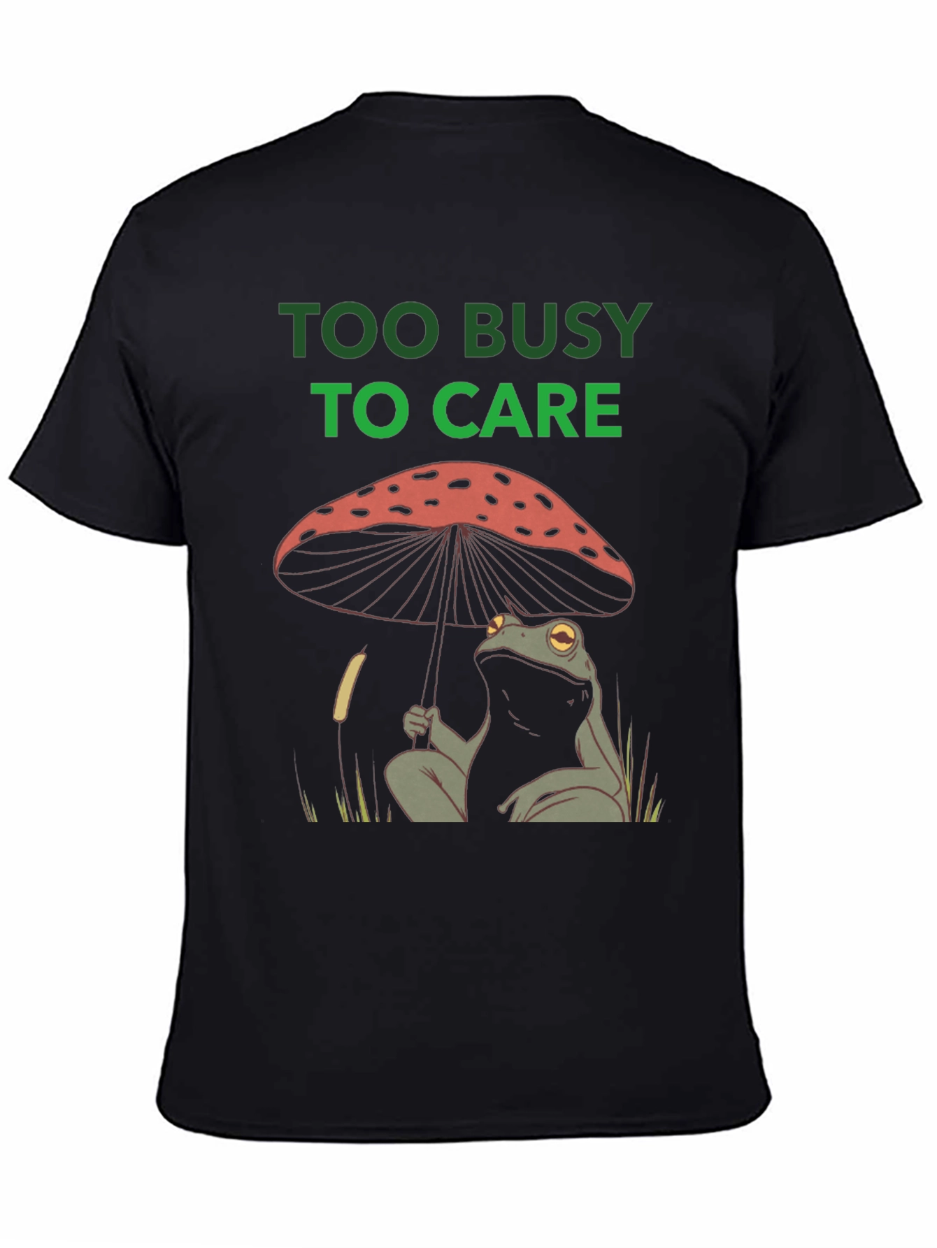 Black Too Busy to Care Frog Mushroom Graphic Tee view 4