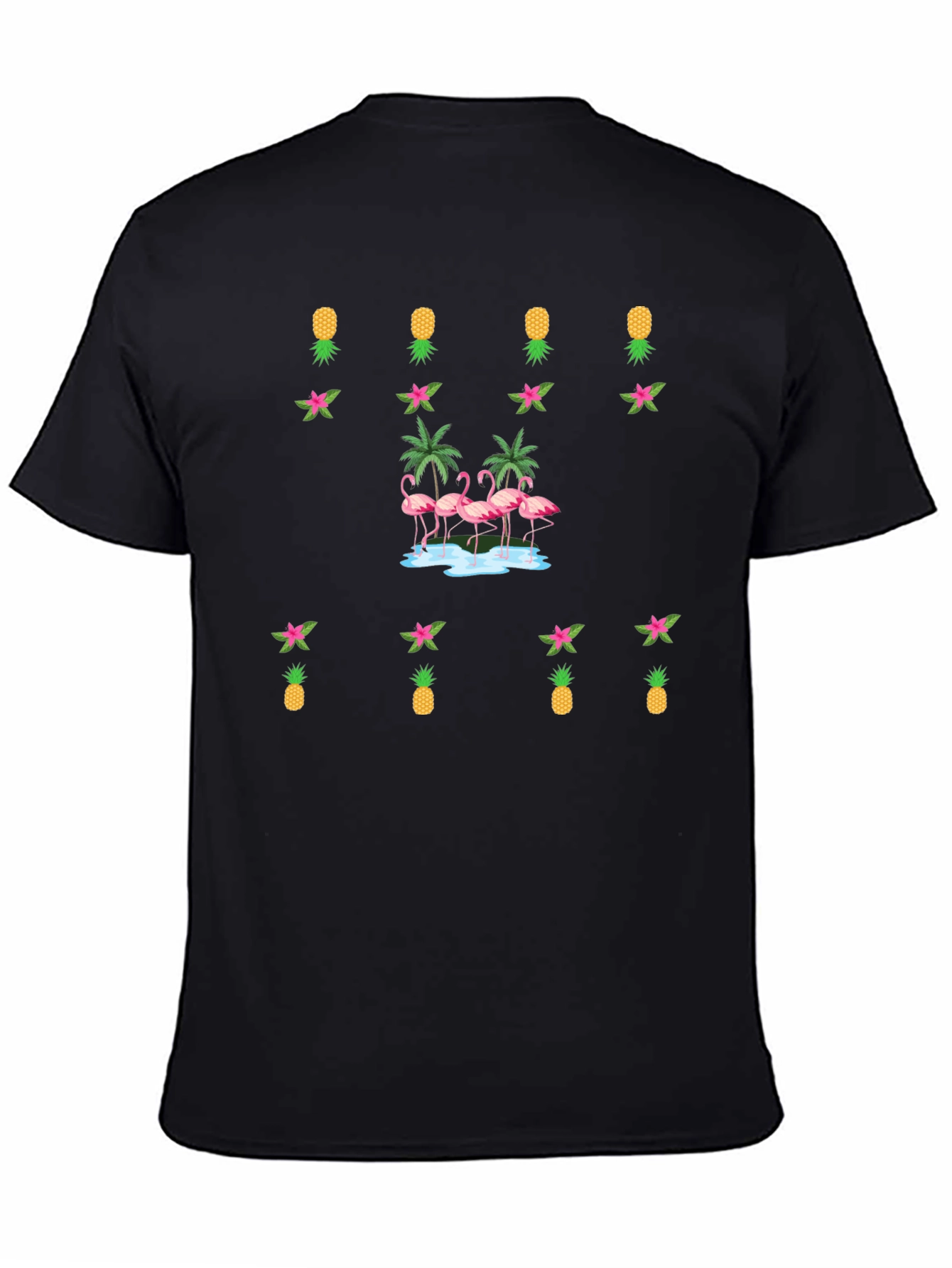 Black Tropical Flamingo & Pineapple Black T-Shirt view 4