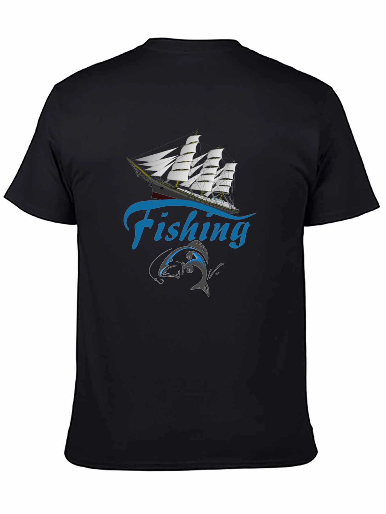 Black Fishing T-Shirt - Sailboat & Fish Design view 4