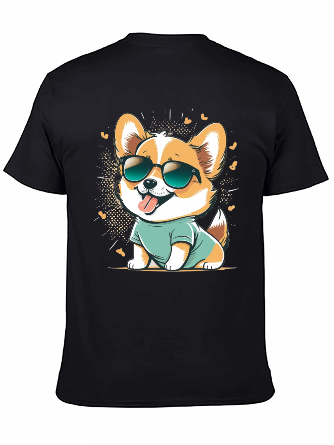 Black Cool Corgi Cartoon Graphic Tee - Black Cotton T-Shirt view 4