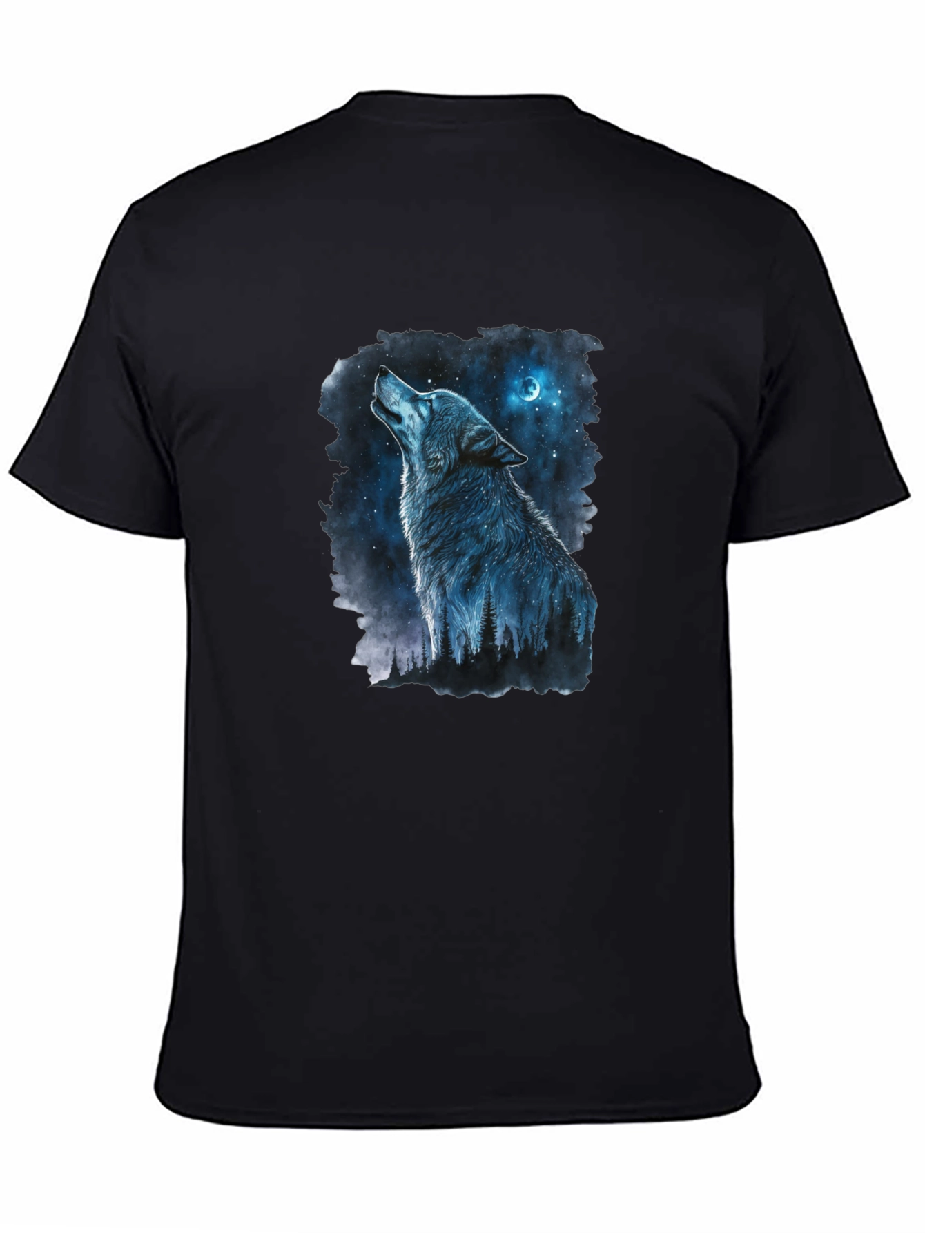 Black Wolf Howling at Moon Graphic Black T-Shirt view 4