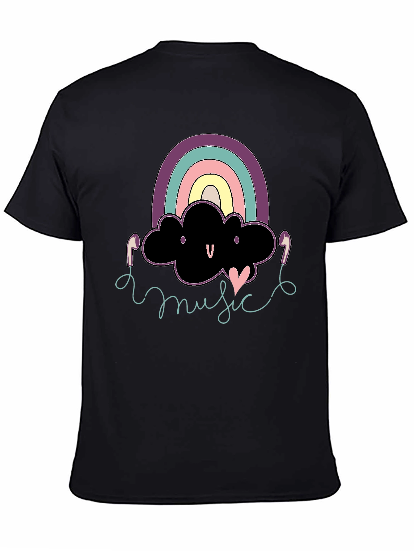 Black Rainbow Cloud Music T-Shirt Cute Design Black Cotton view 4