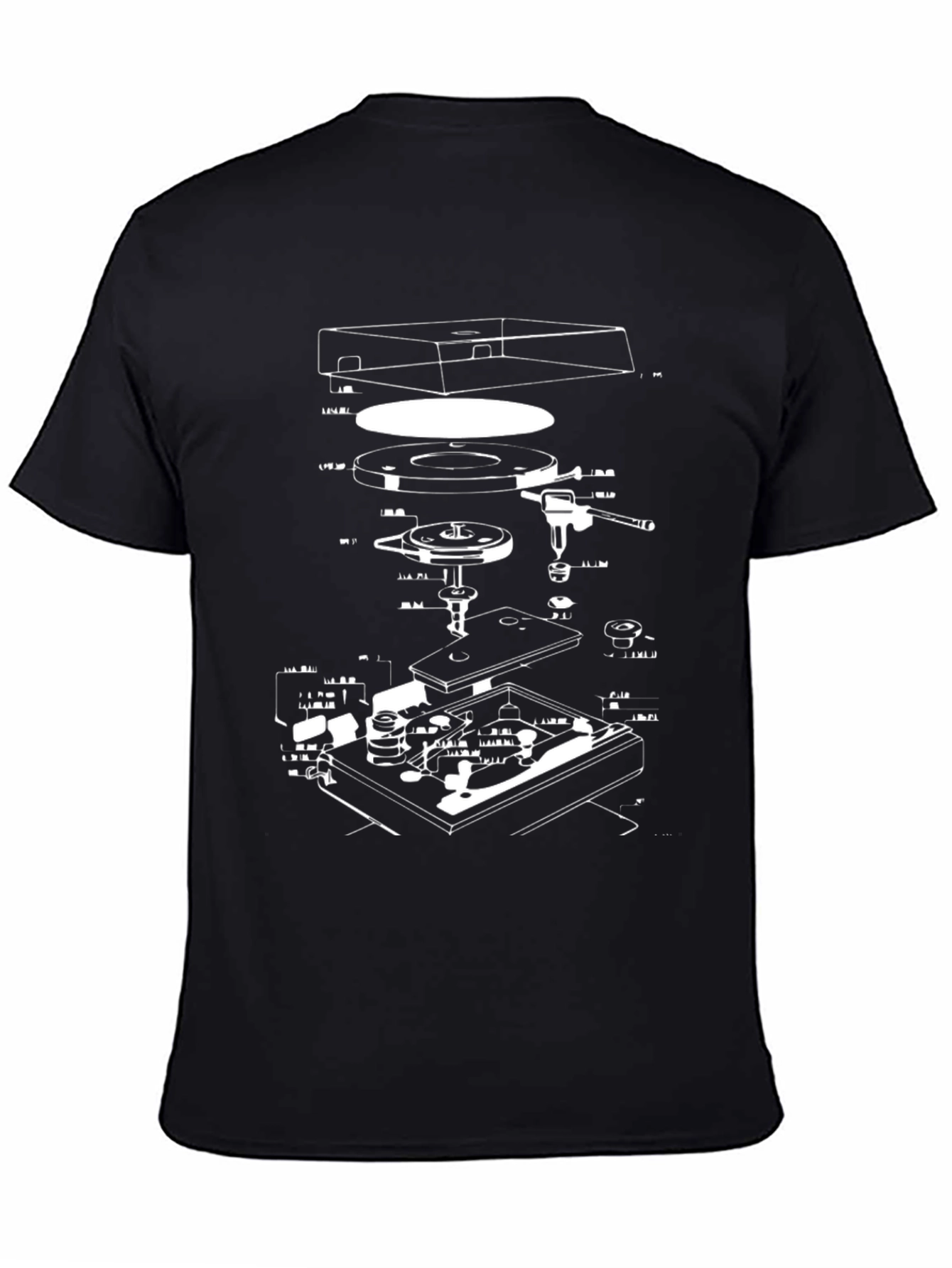 Black Retro Turntable Schematic Graphic T-Shirt view 4