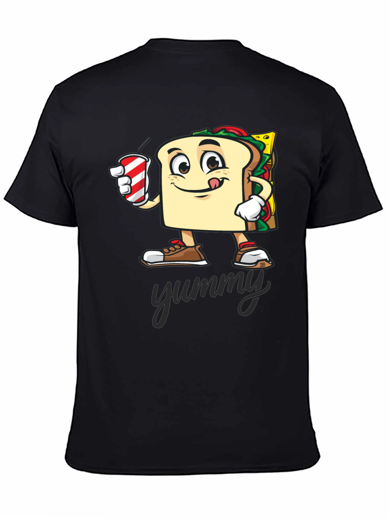 Black Sandwich Cartoon T-Shirt - "Yummy" Design view 4