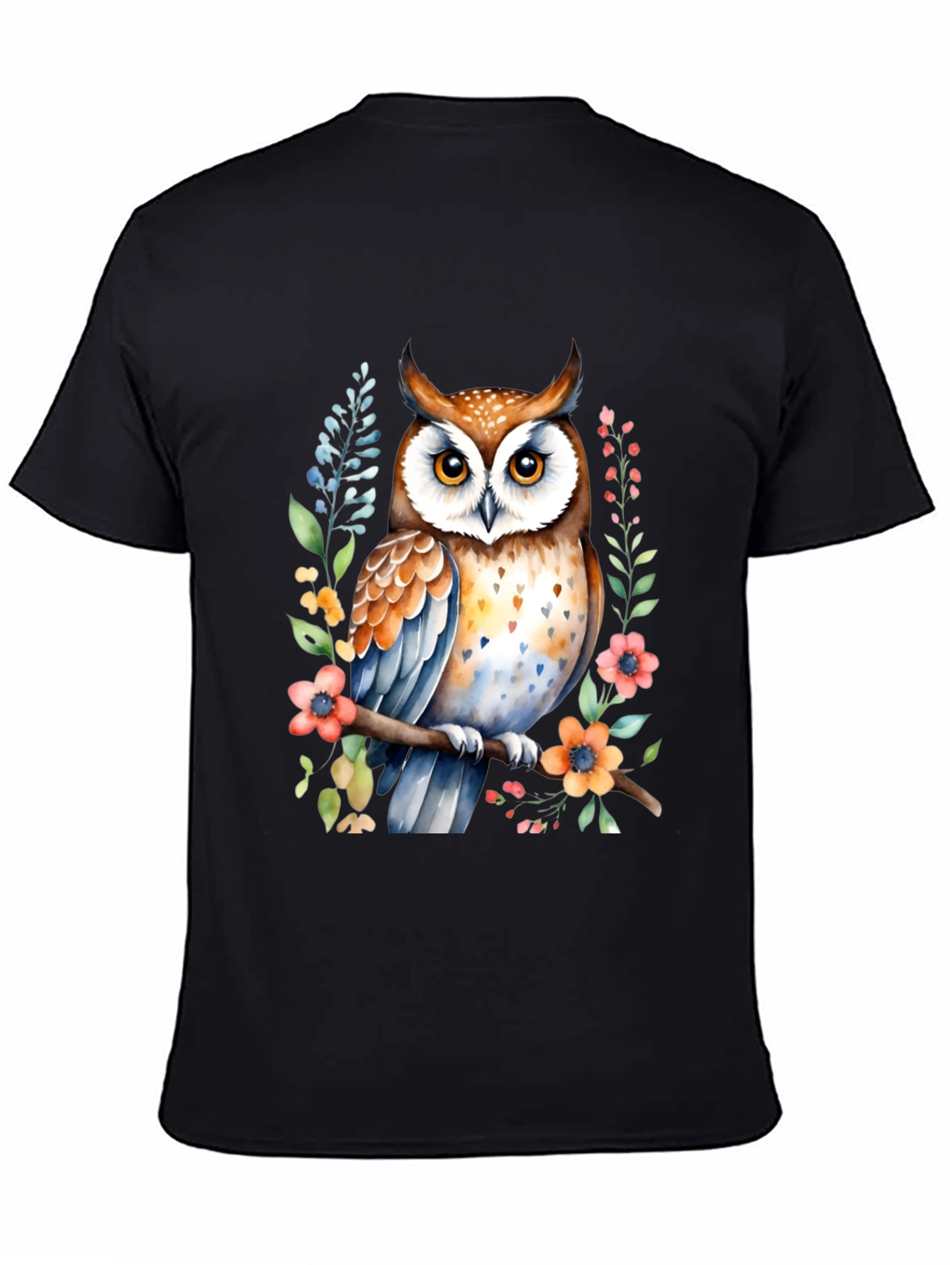Black Owl Watercolor Graphic Tee - Unique Floral Design view 4