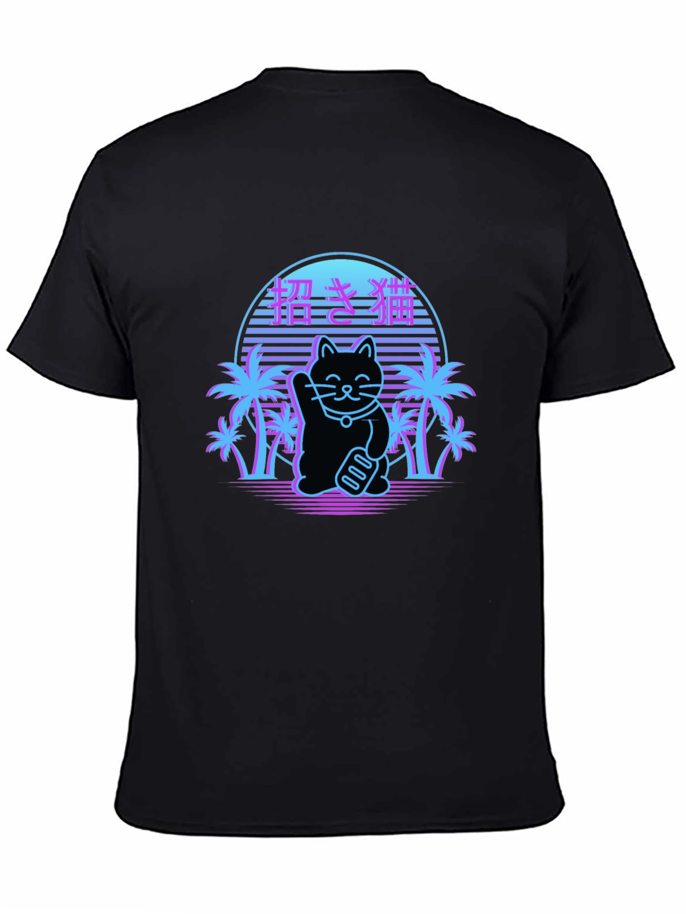 Black Lucky Cat Retro T-Shirt view 4