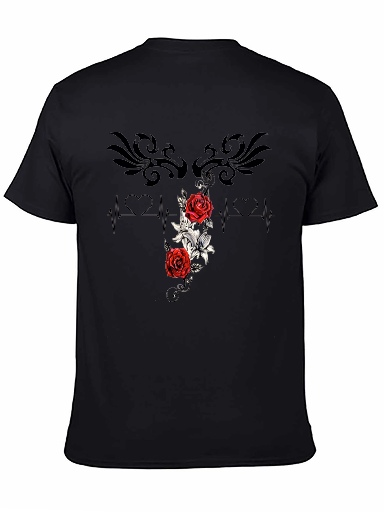 Black Floral Heartbeat T-Shirt - Stylish Graphic Tee view 4
