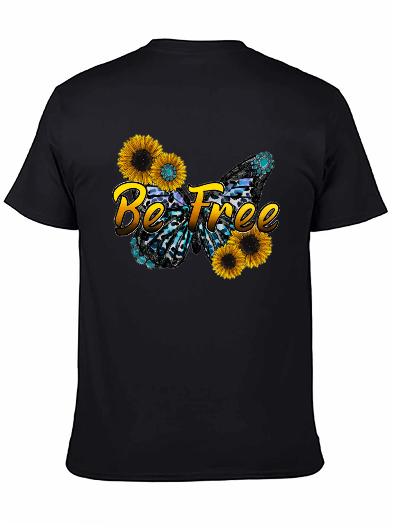 Black Be Free Sunflower Butterfly Graphic Black T-Shirt view 4