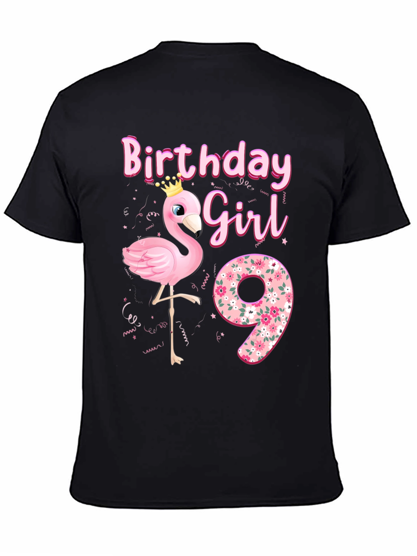 Black Birthday Girl 9th Flamingo T-Shirt view 4