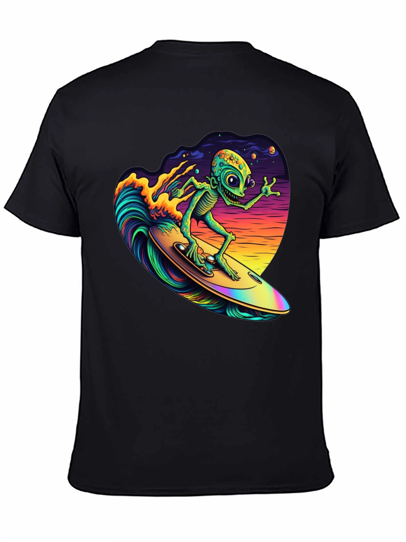 Black Surfing Alien T-Shirt - Black Cotton Tee view 4