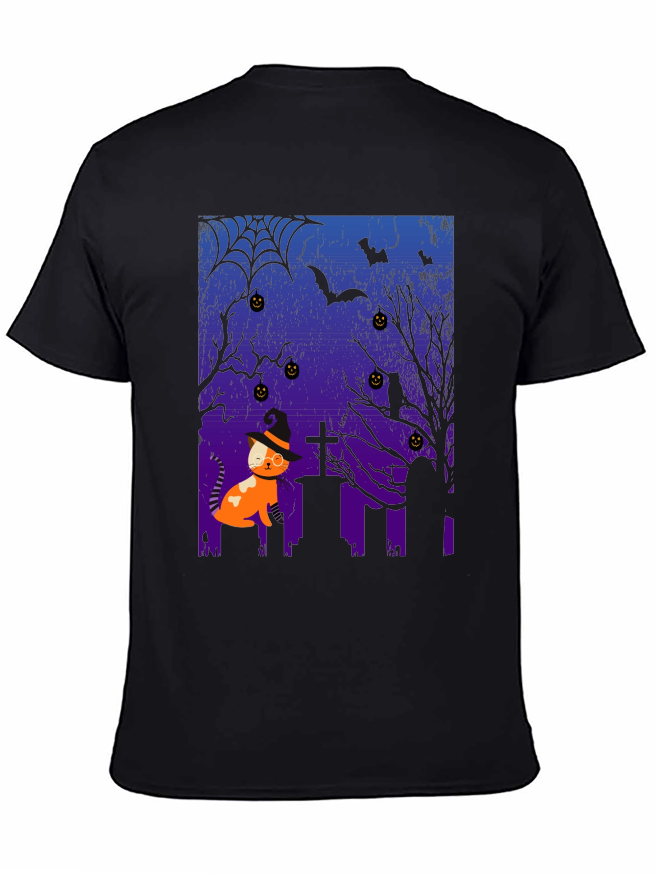 Black Halloween Cat T-Shirt - Spooky Graveyard Design view 4