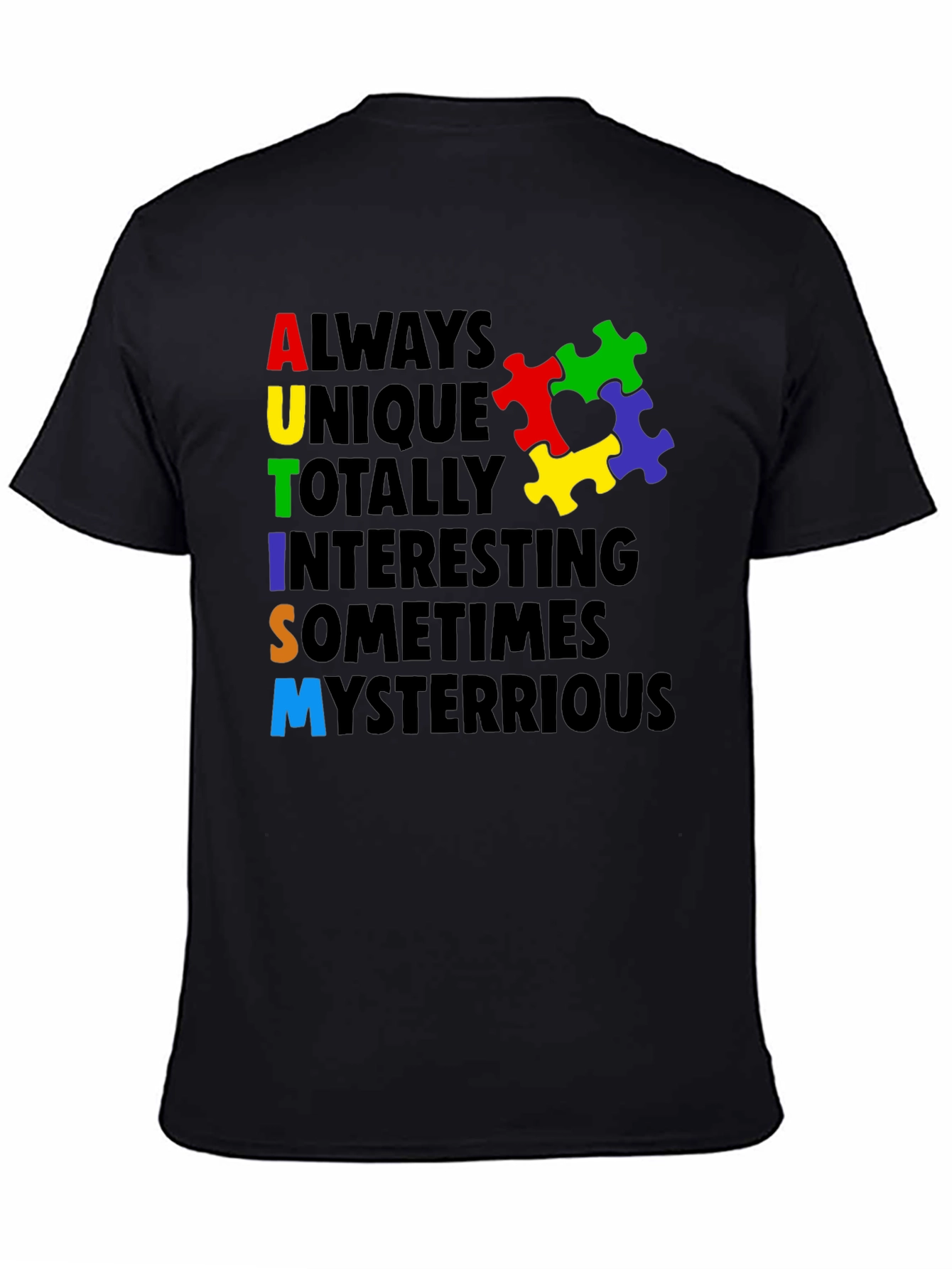 Black Autism Awareness T-Shirt - Colorful Puzzle Design view 4
