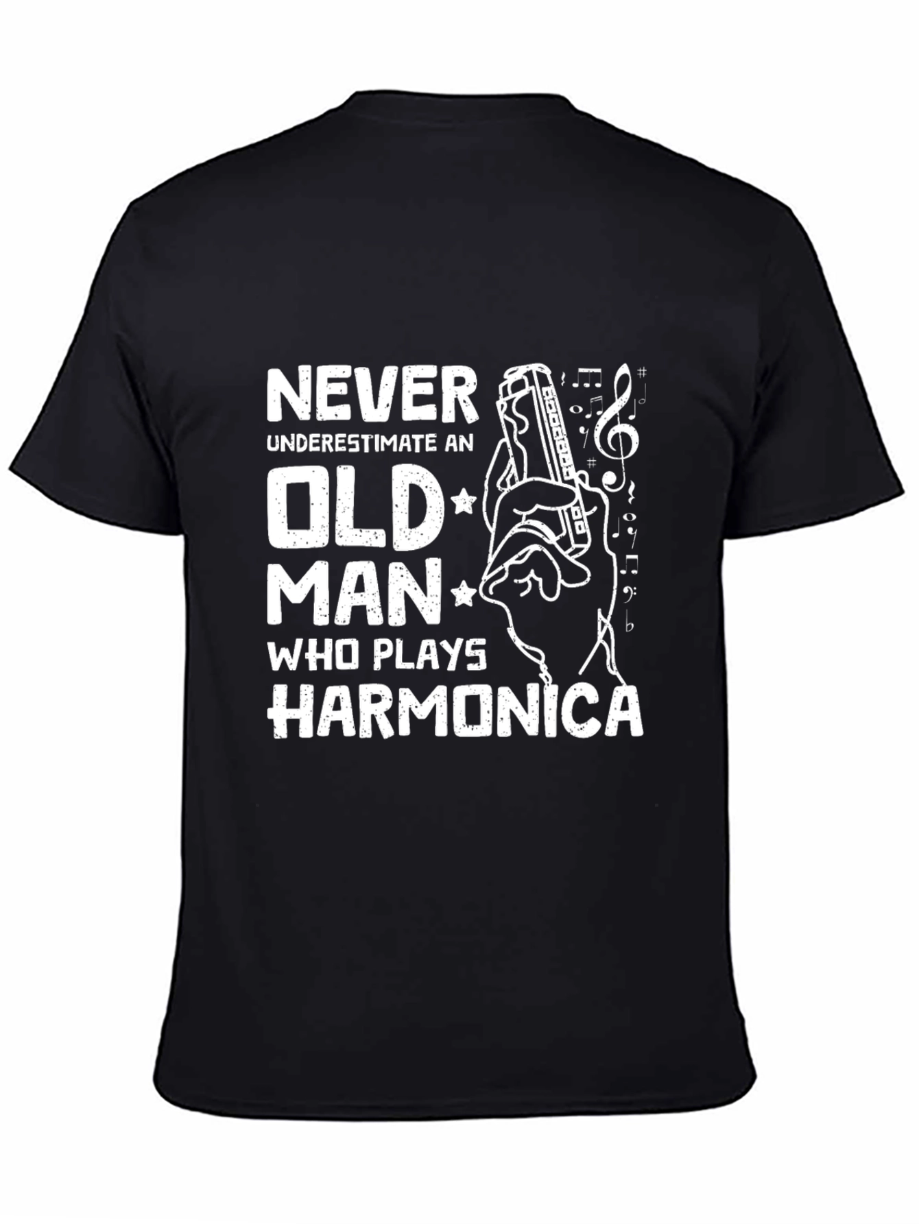 Black Never Underestimate Old Man Harmonica T-Shirt view 4