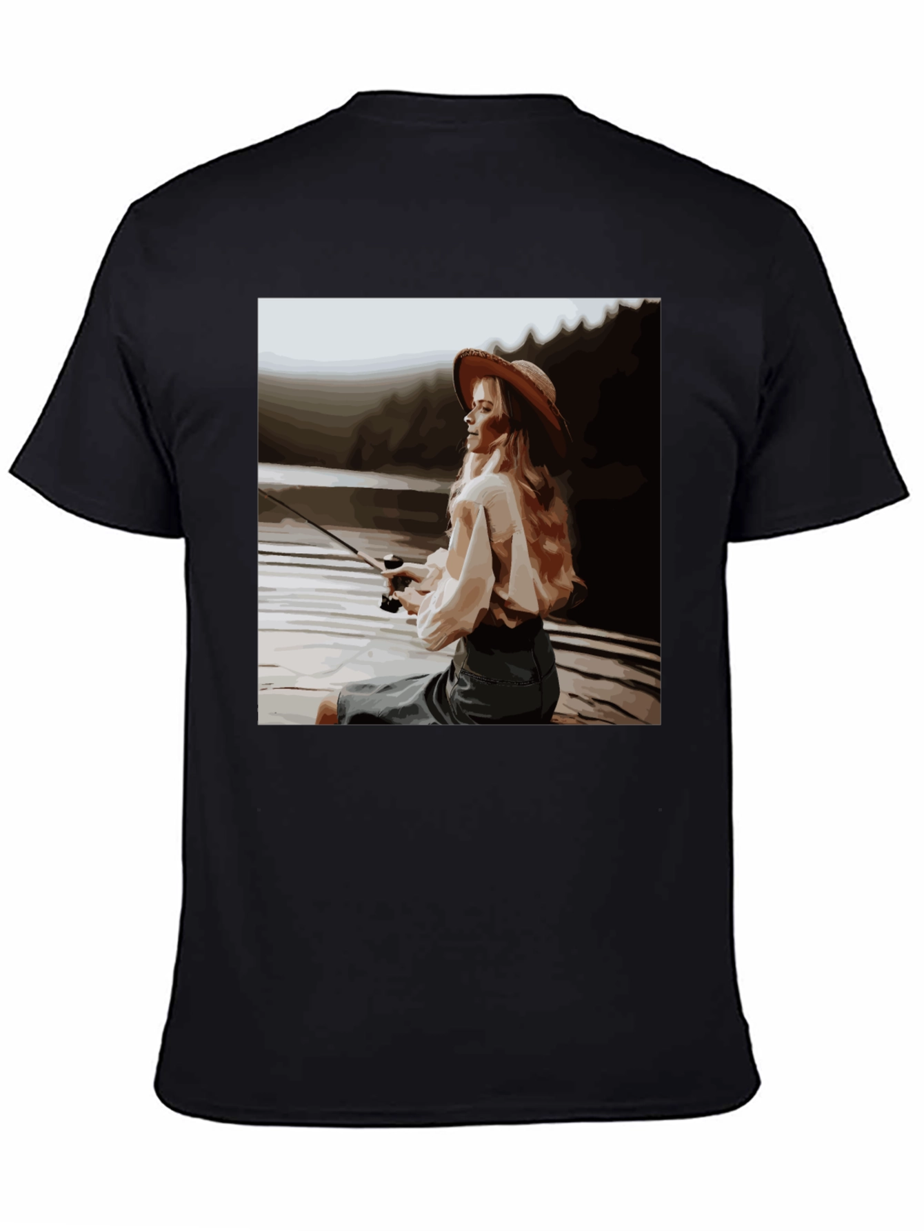 Black Woman Fishing Graphic Tee - Black Cotton T-Shirt view 4
