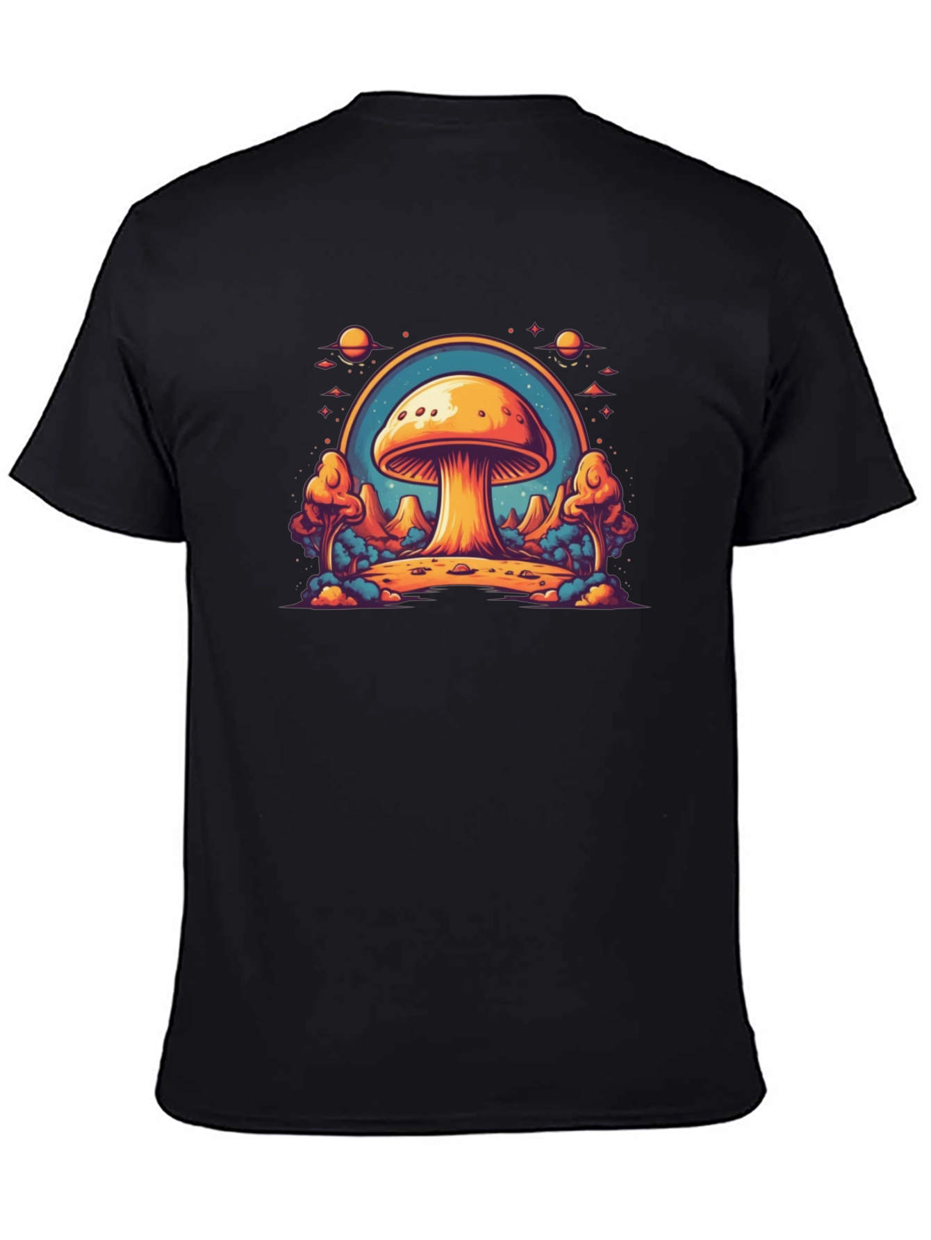 Black Psychedelic Mushroom T-Shirt - Trippy Space Design view 4