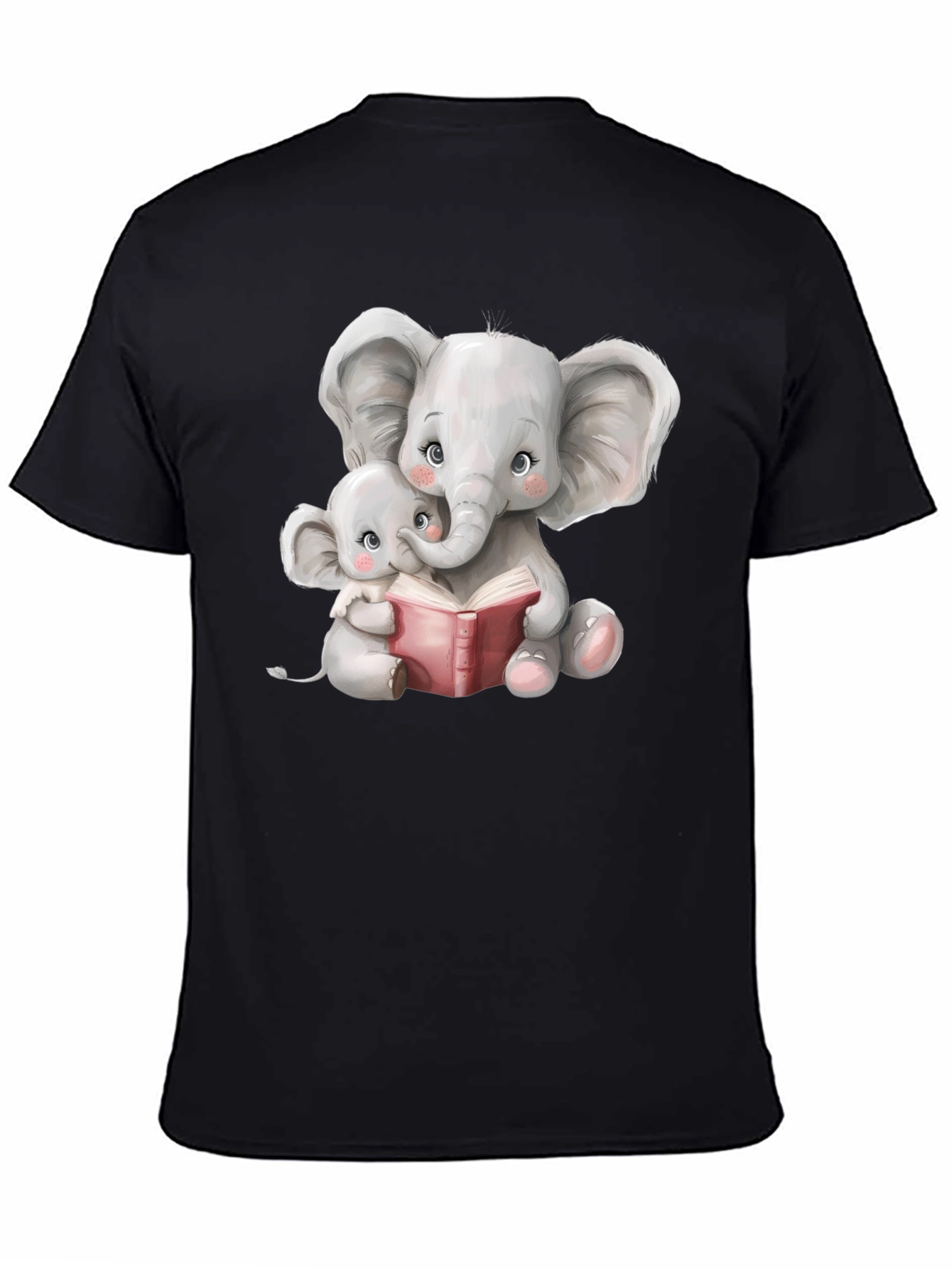 Black Elephant Mom and Baby Reading Black T-Shirt view 4