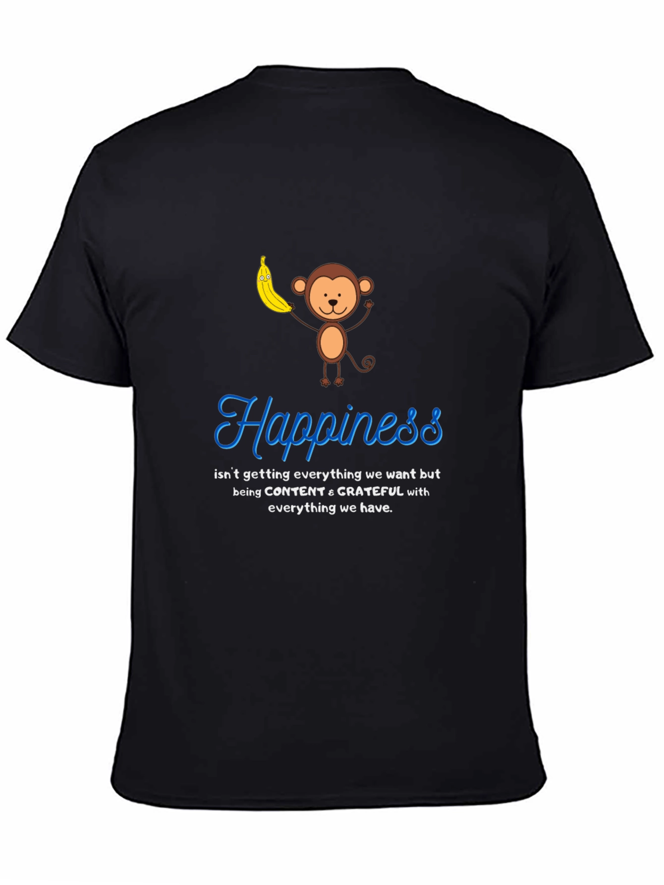 Black Happiness Monkey Graphic Tee: Content & Grateful T-Shirt view 4