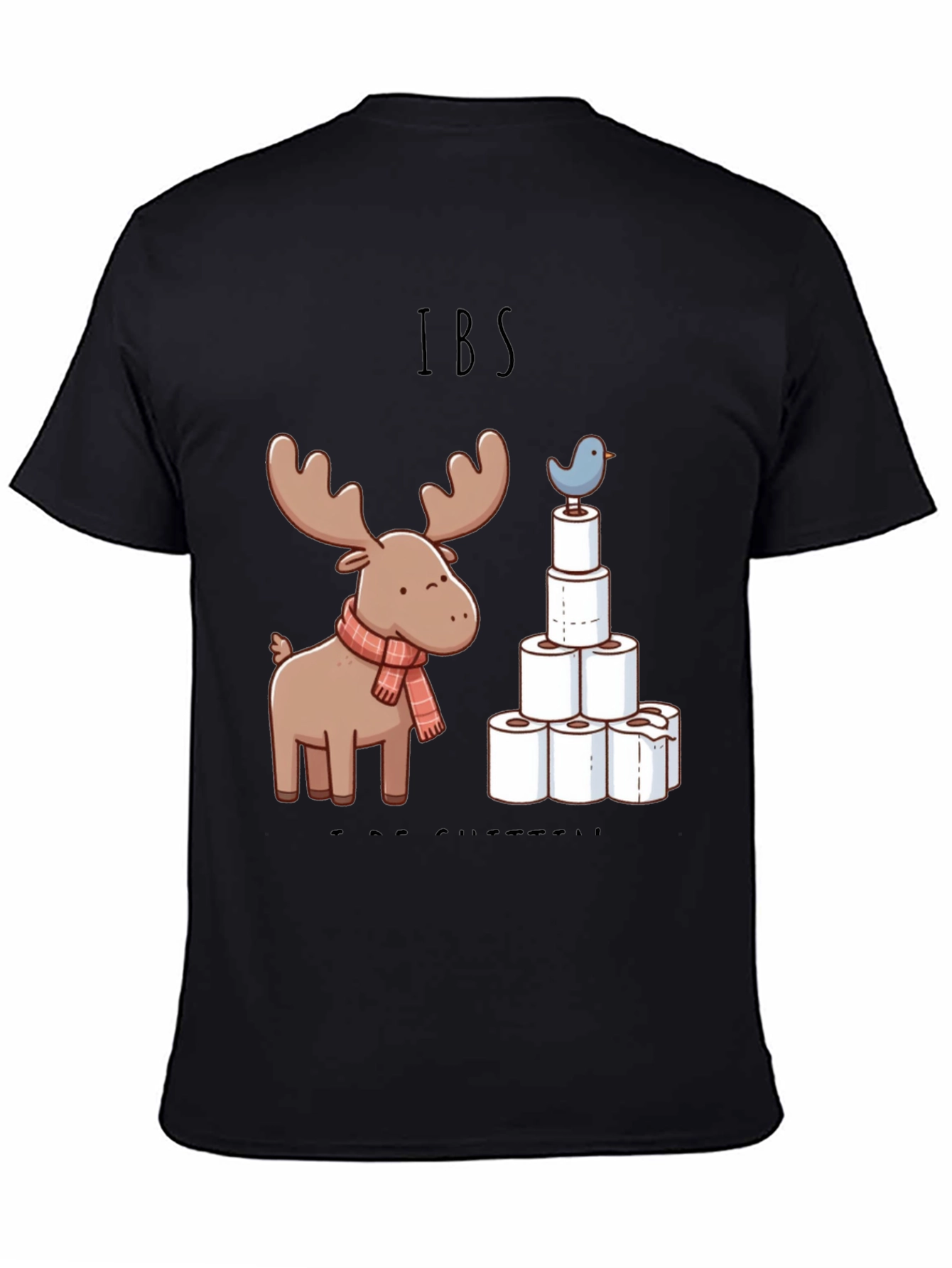 Black IBS Humor Tee - Moose and TP Tower Graphic T-Shirt view 4