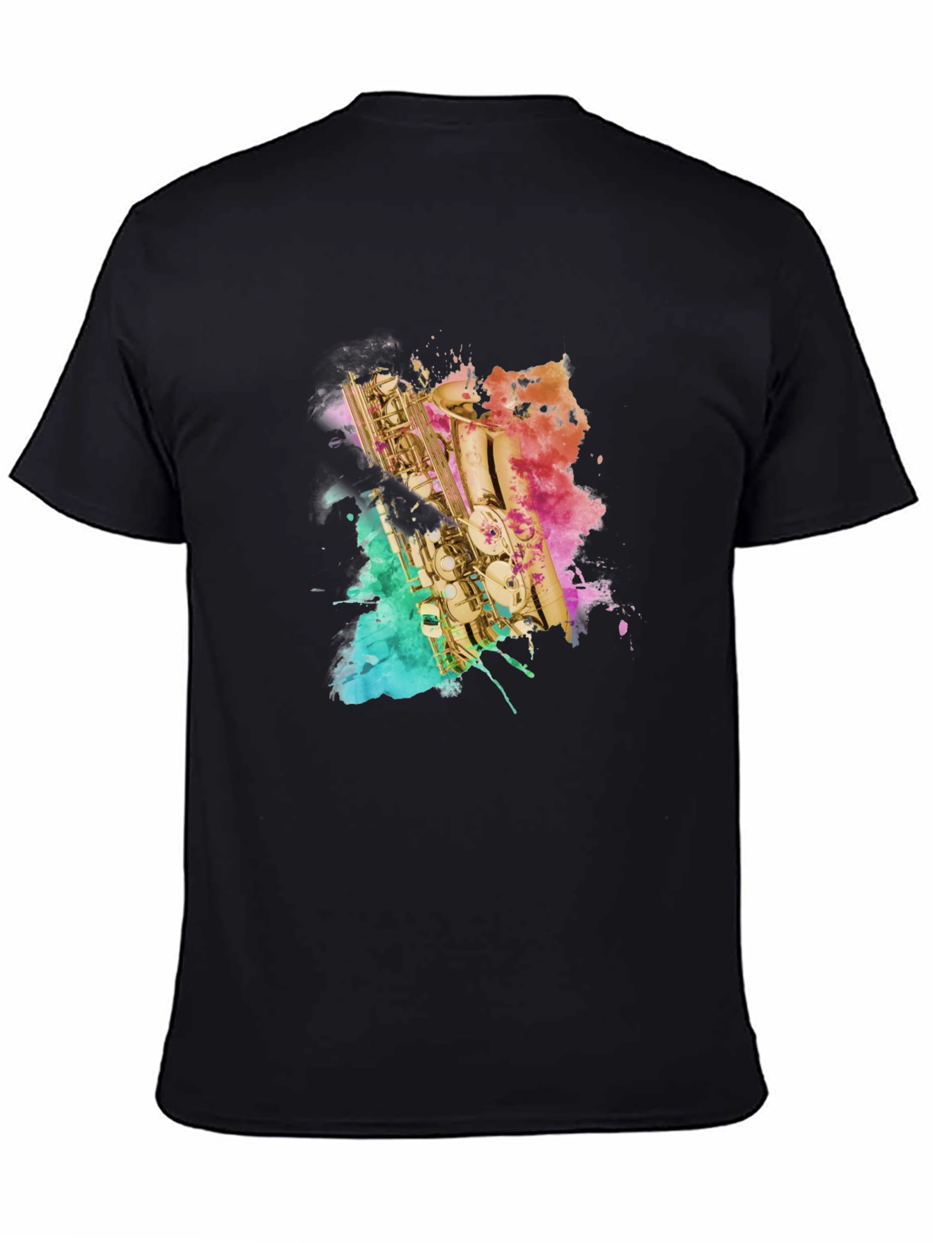 Black Saxophone Watercolor Art Men's Black T-Shirt view 4
