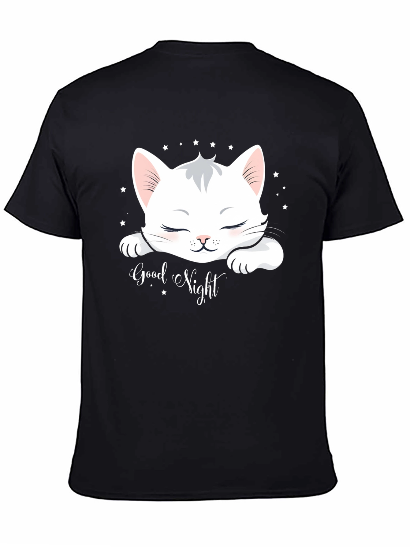 Black Cute Cat "Good Night" Black T-Shirt view 4