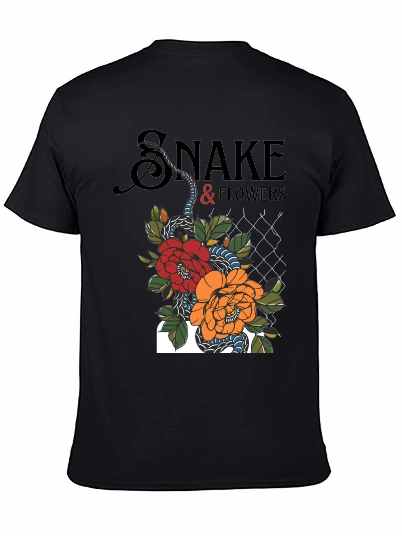Black Snake & Flowers Graphic Tee - Black Cotton T-Shirt view 4