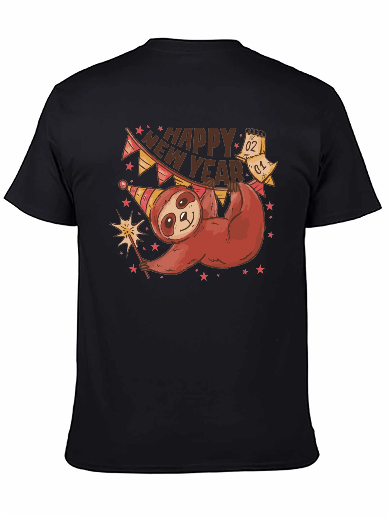 Black Happy New Year Sloth T-Shirt view 4