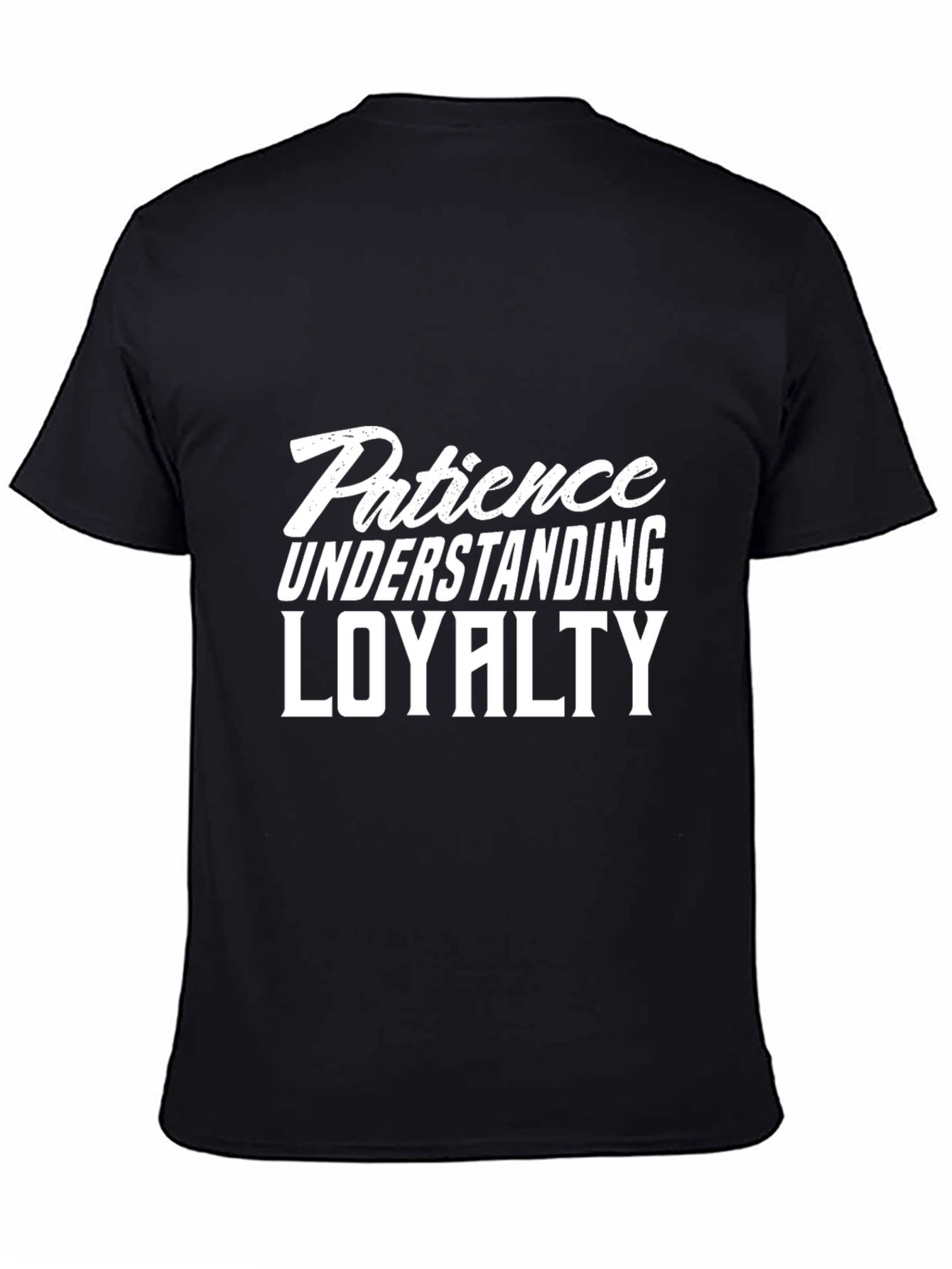 Black Men's Black T-Shirt with Patience, Understanding, Loyalty Print view 4
