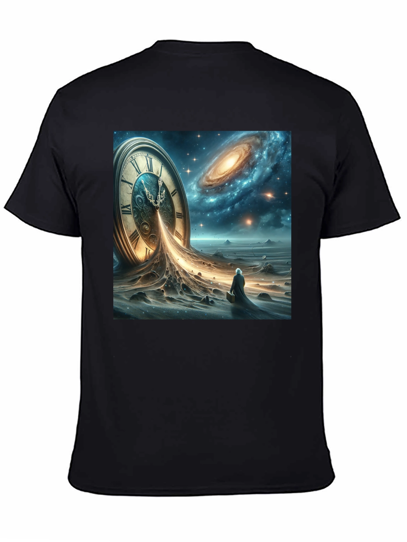 Black Time and Space Tee: Surreal Galaxy Clock Design view 4