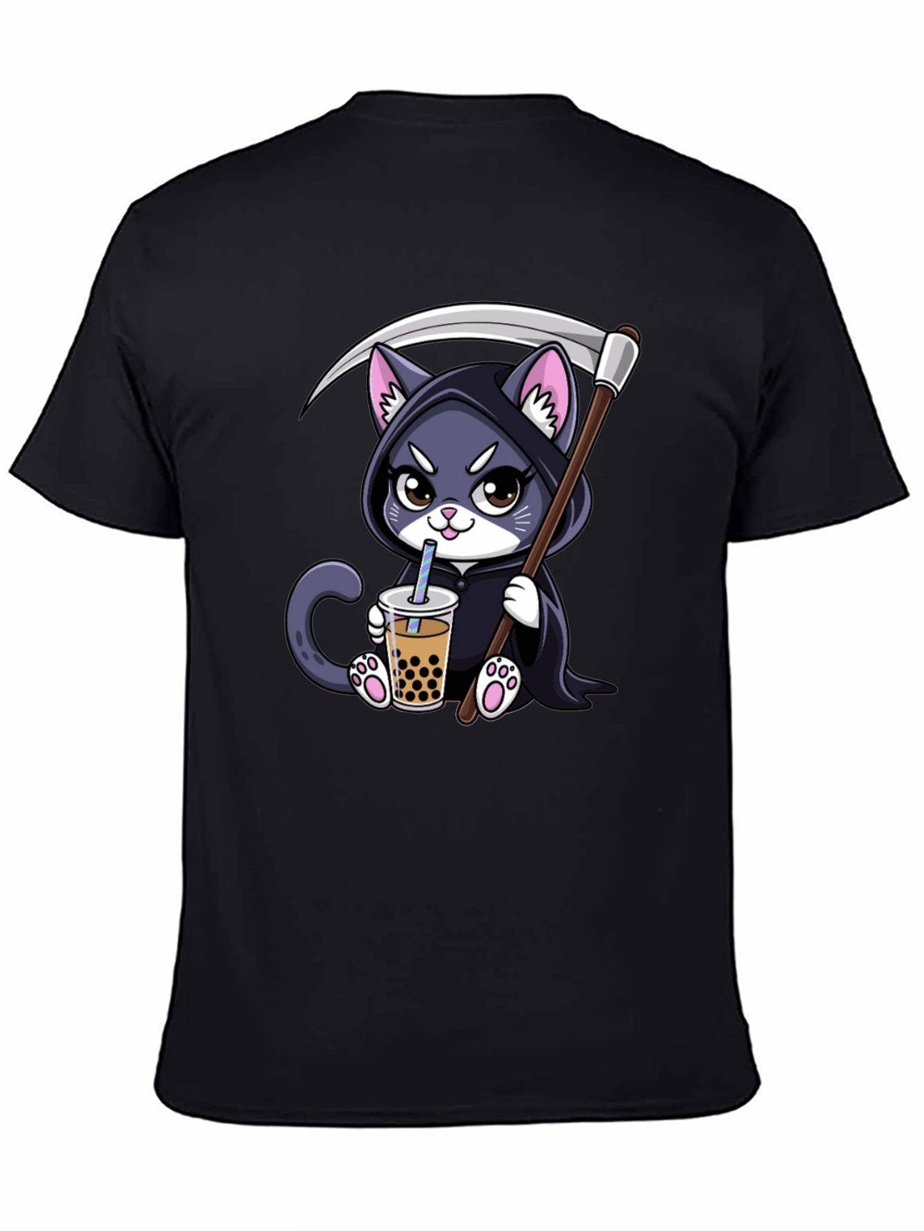 Black Grim Reaper Kitty Boba Tea T-Shirt view 4