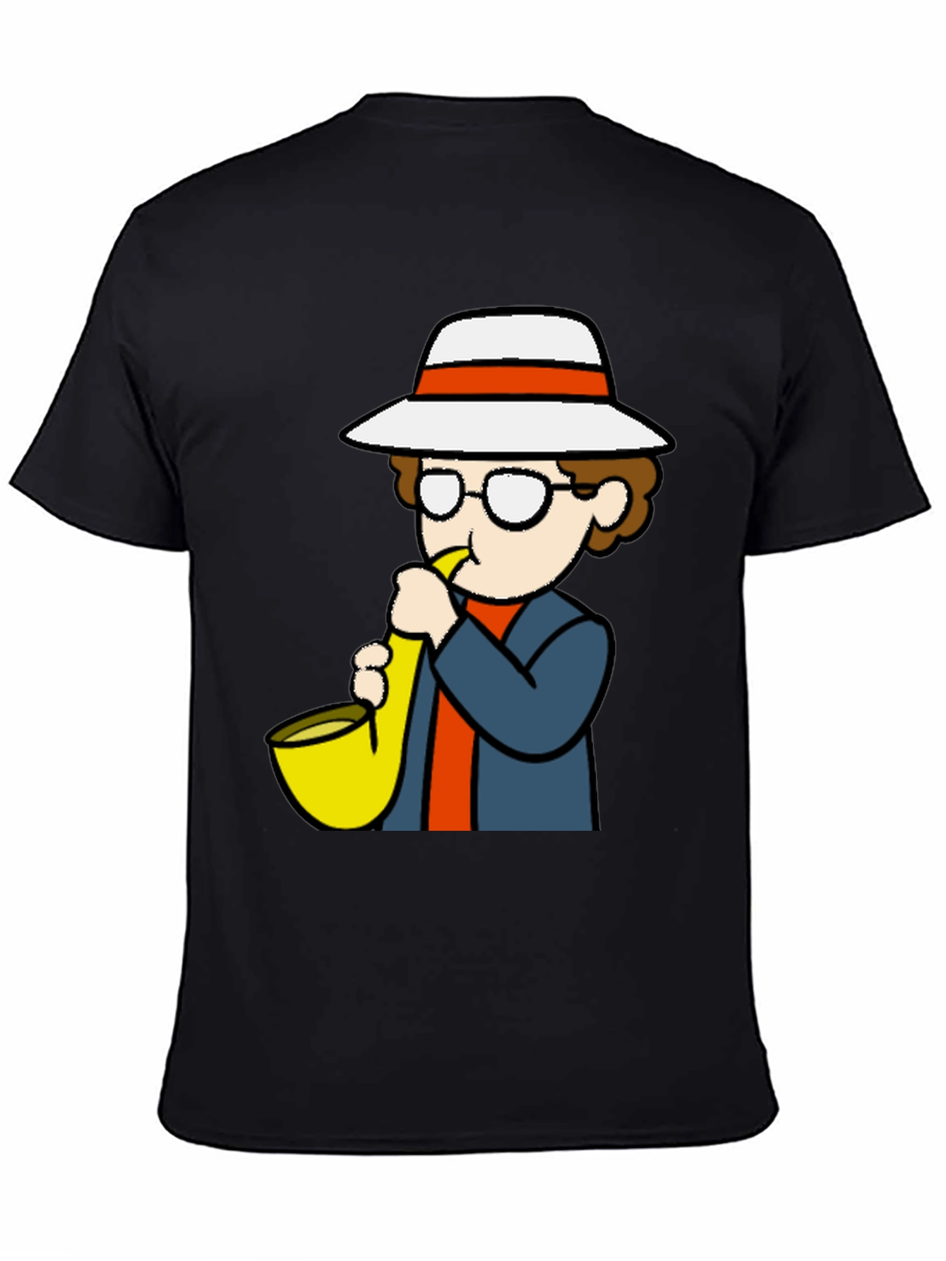 Black Cartoon Sax Player T-Shirt - Cool Graphic Tee view 4