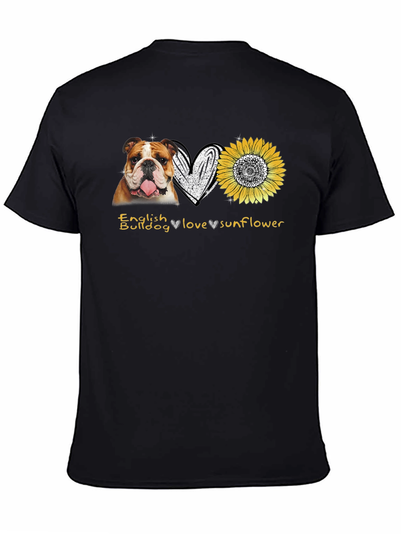 Black English Bulldog Love Sunflower Graphic T-Shirt view 4