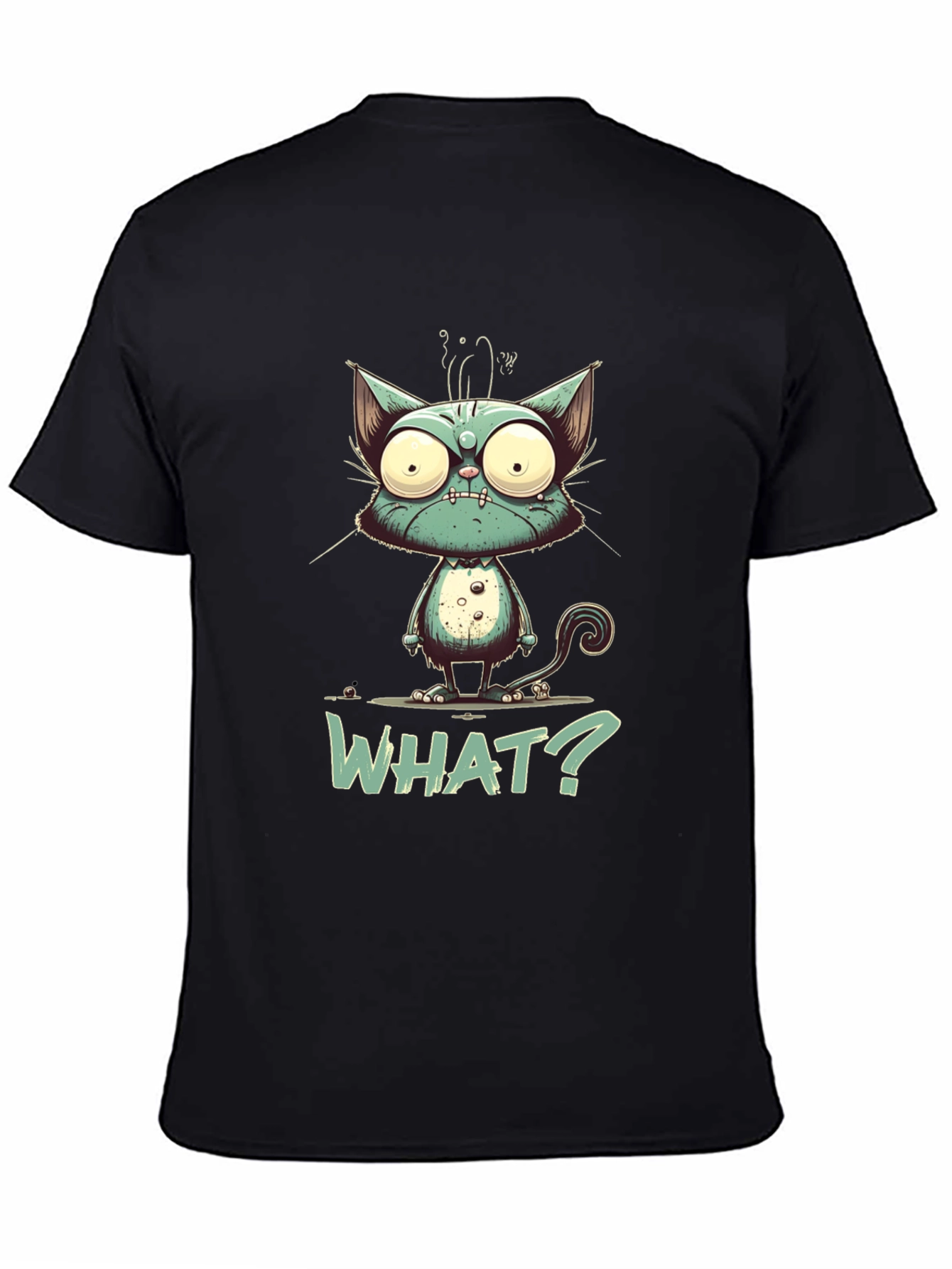 Black Cartoon Cat "WHAT?" Graphic Tee - Unisex view 4
