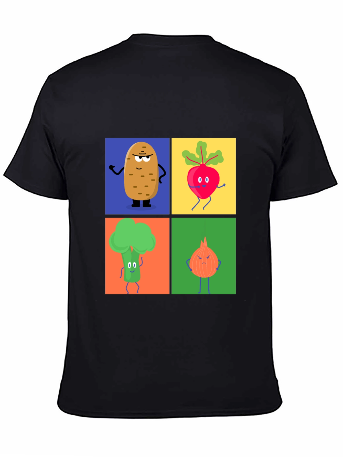 Black Veggie Cartoon T-Shirt: Potato, Beet, Broccoli, Onion view 4