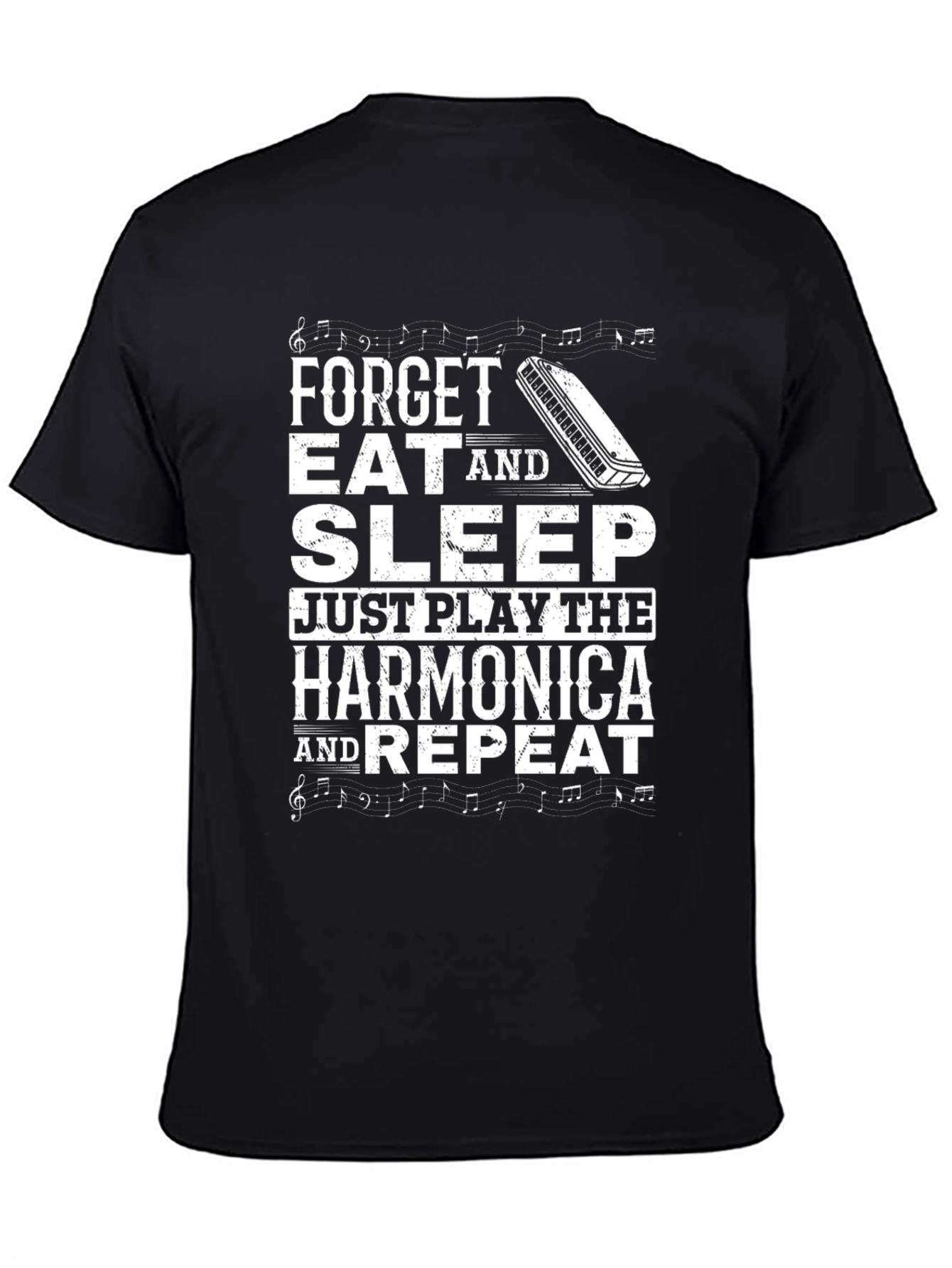 Black Harmonica Player T-Shirt: Forget, Eat, Sleep, Play, Repeat view 4