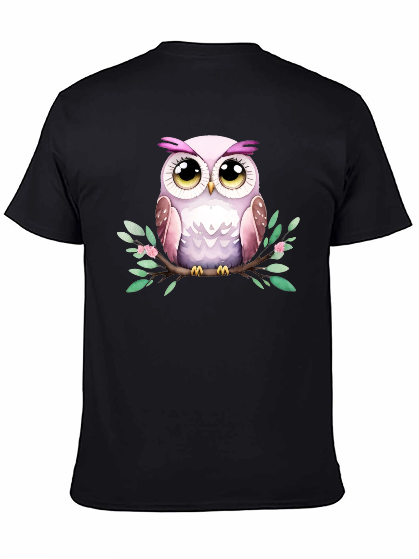 Black Cute Owl Graphic Tee - Black Cotton Blend view 4