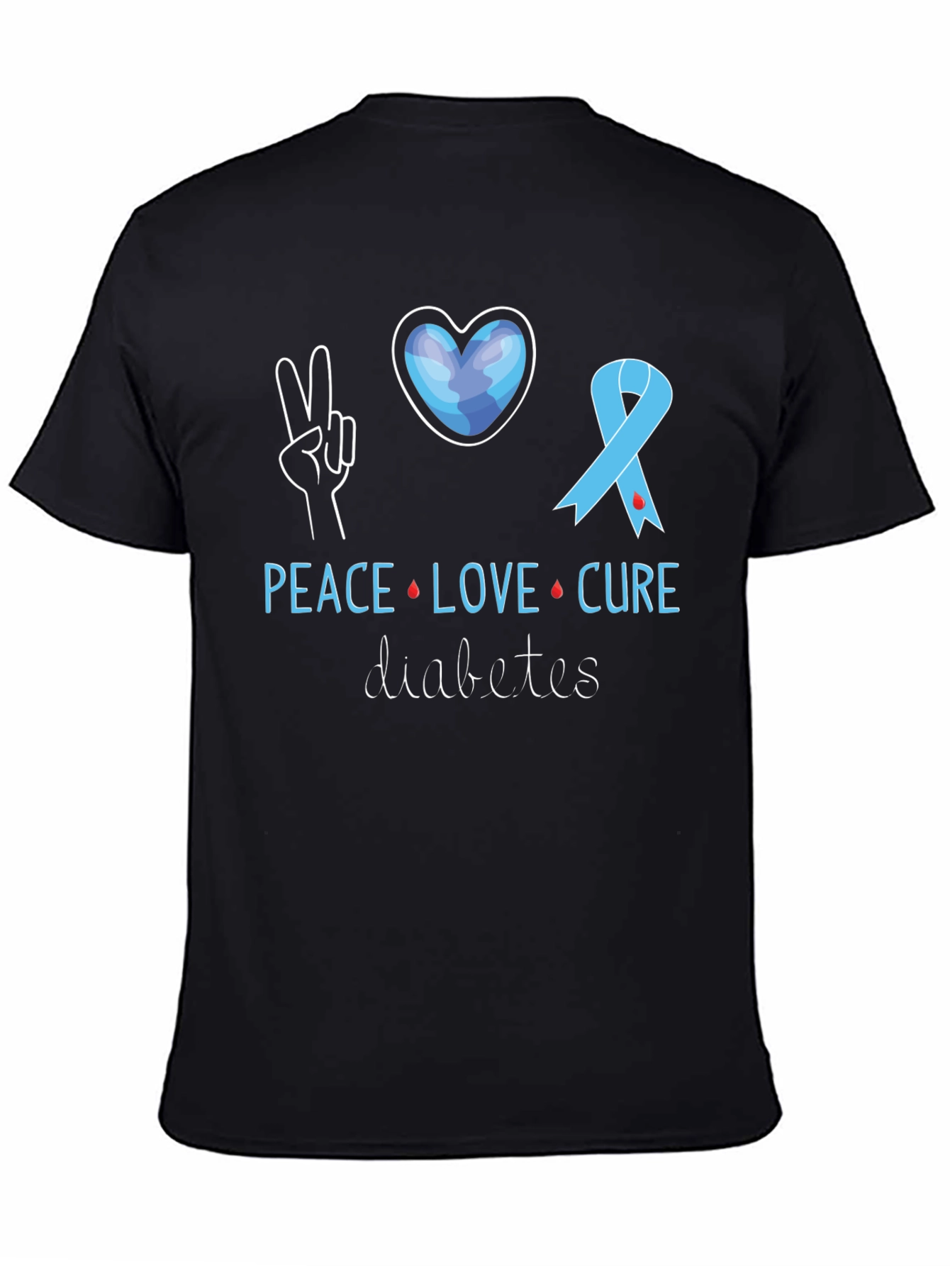 Black Peace Love Cure Diabetes Awareness T-Shirt view 4