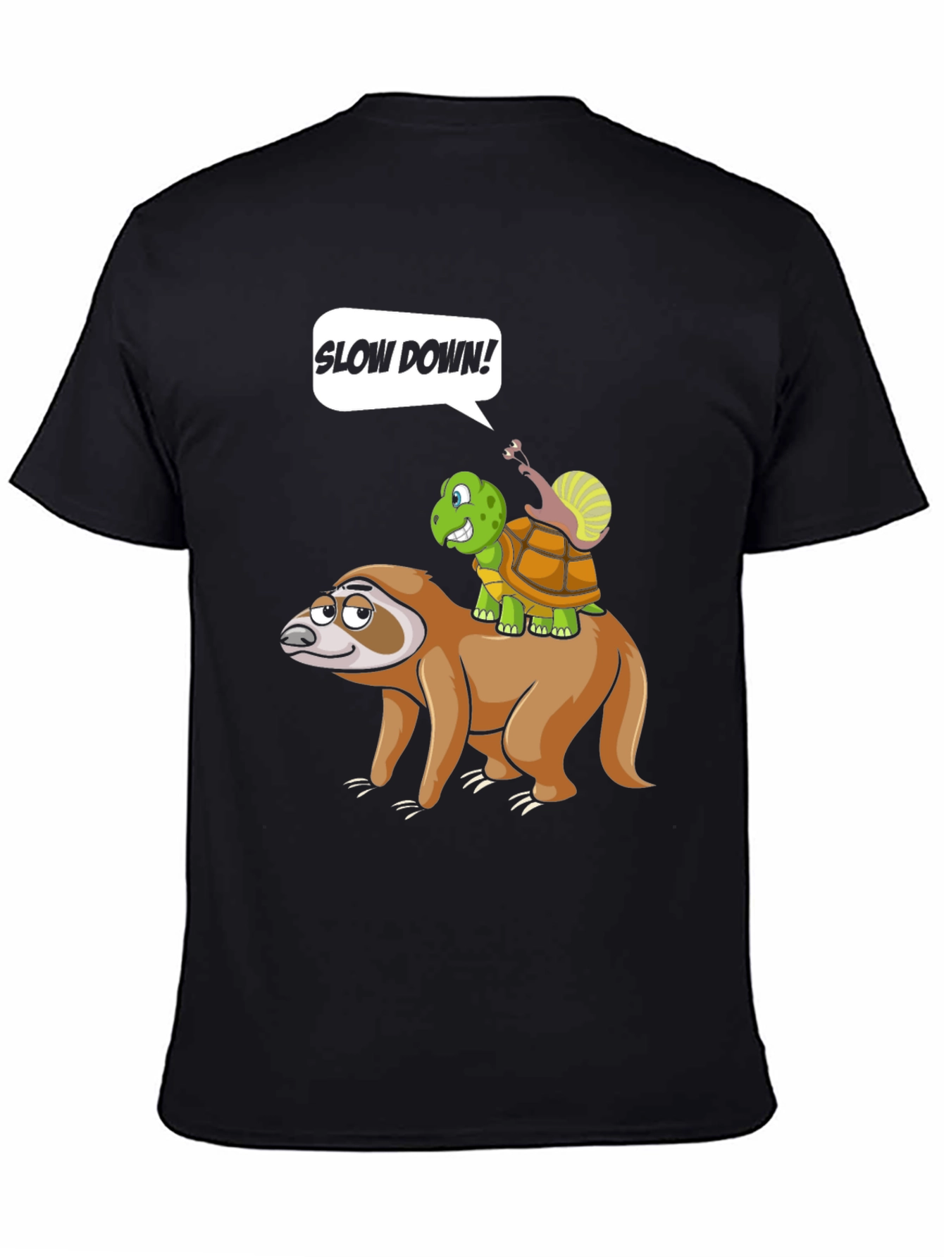 Black Funny Slow Down Sloth, Turtle, and Snail T-Shirt view 4