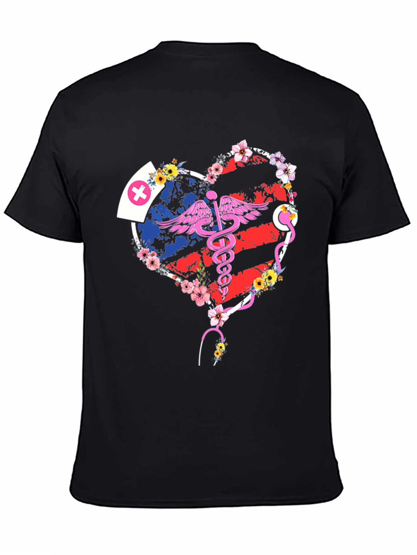 Black Nurse American Flag Heart T-Shirt view 4
