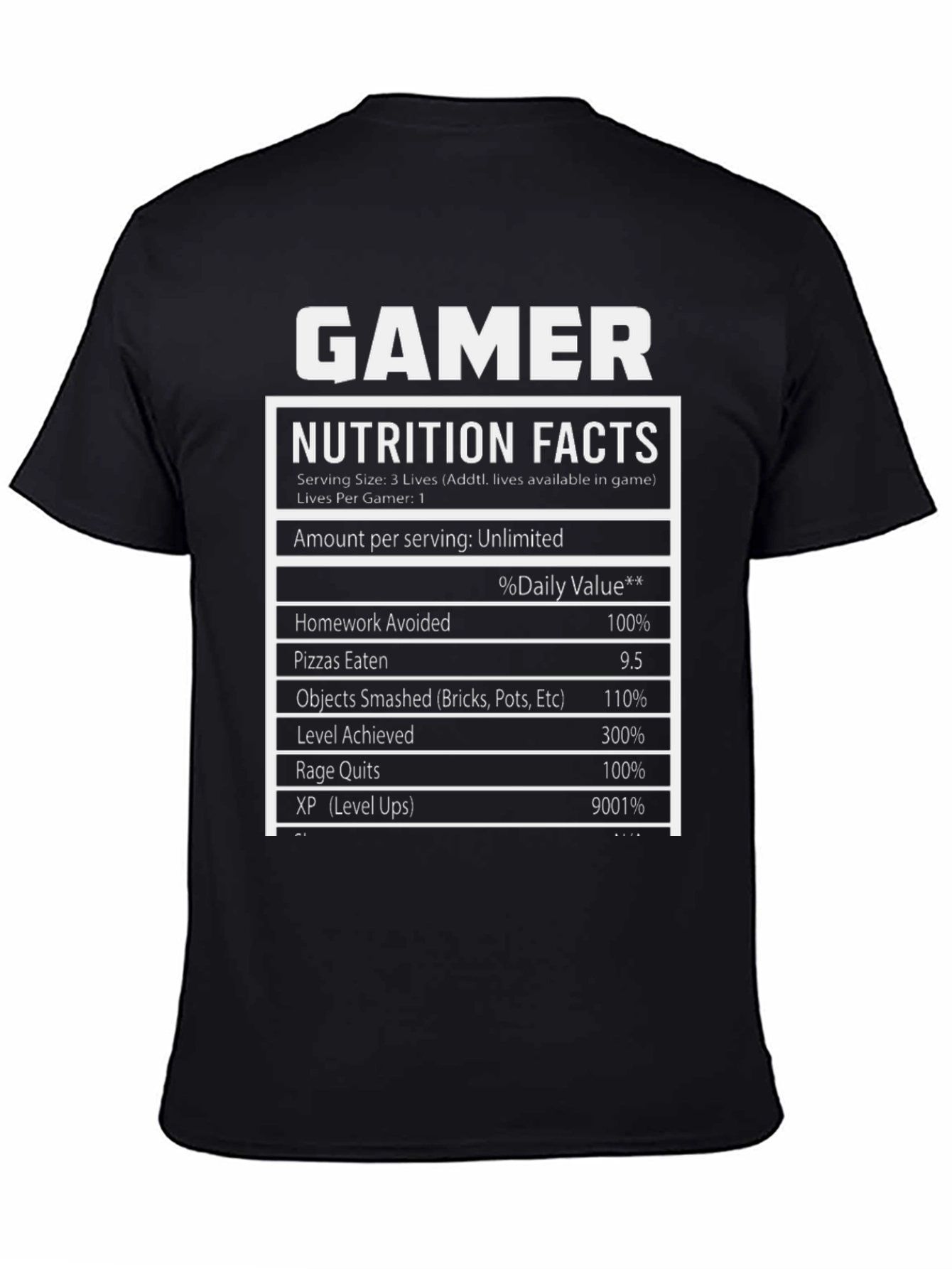 Black Gamer Nutrition Facts Novelty T-Shirt view 4
