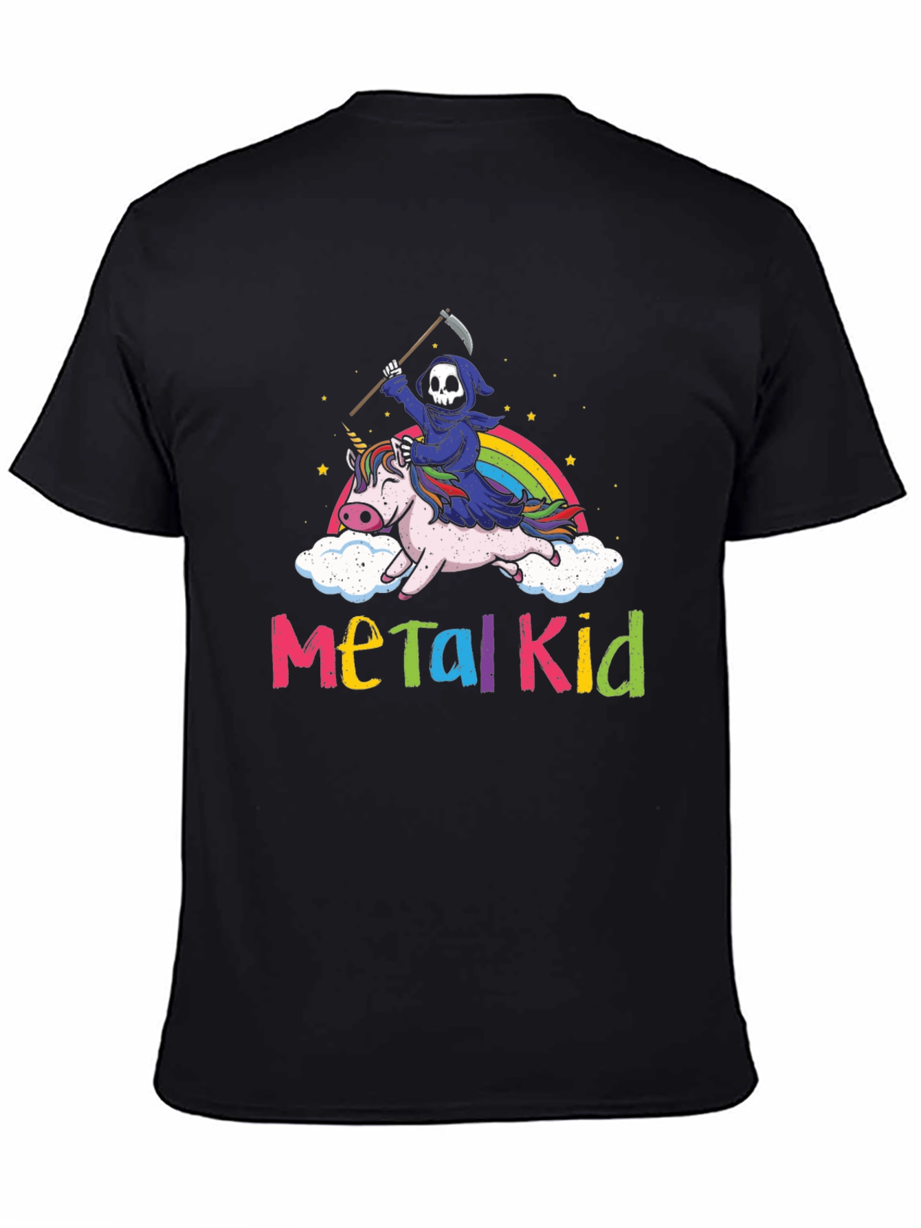 Black Metal Kid Grim Reaper Unicorn Rainbow T-Shirt view 4